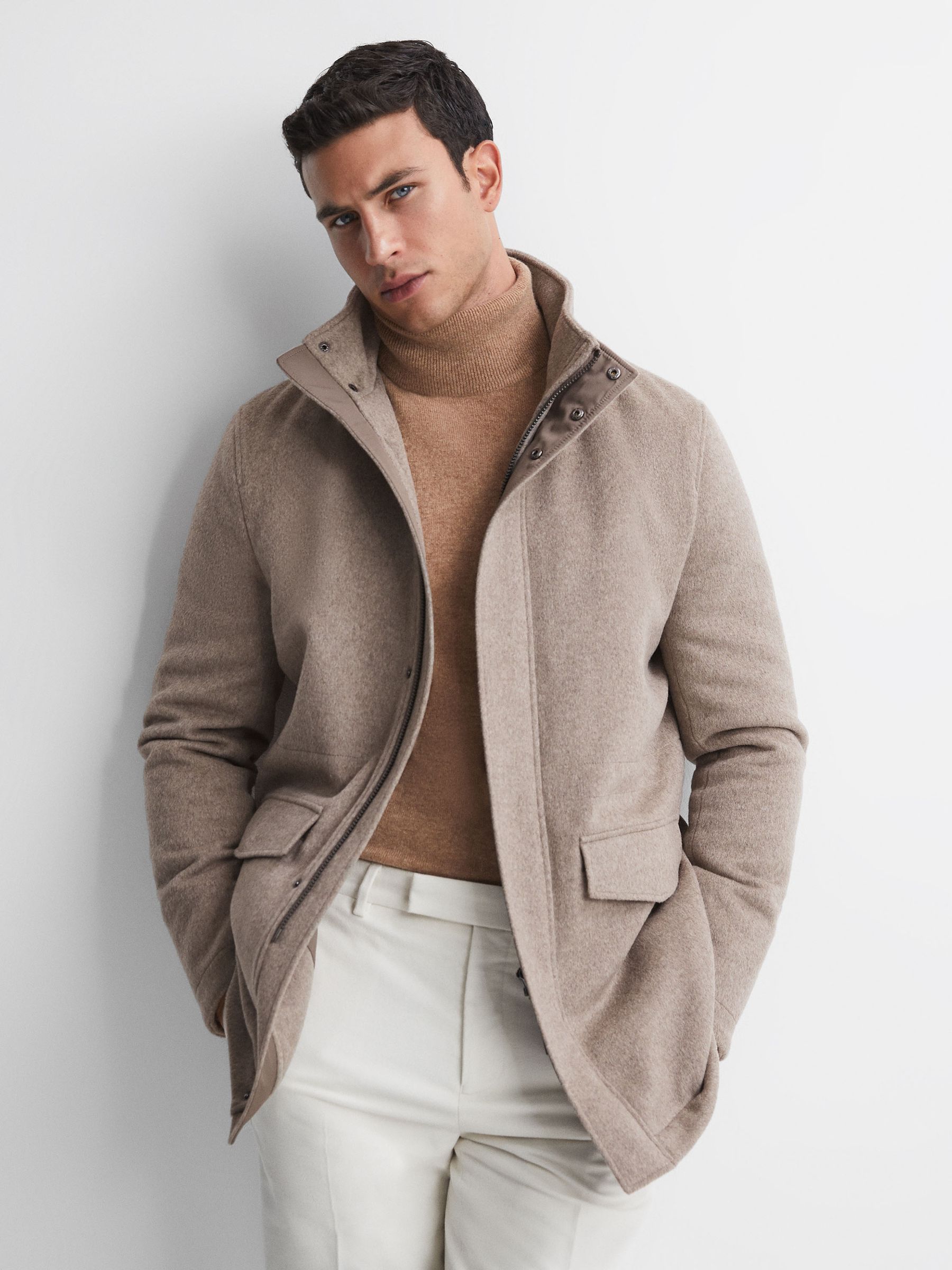 Wool Blend Removable Hooded Coat in Fawn