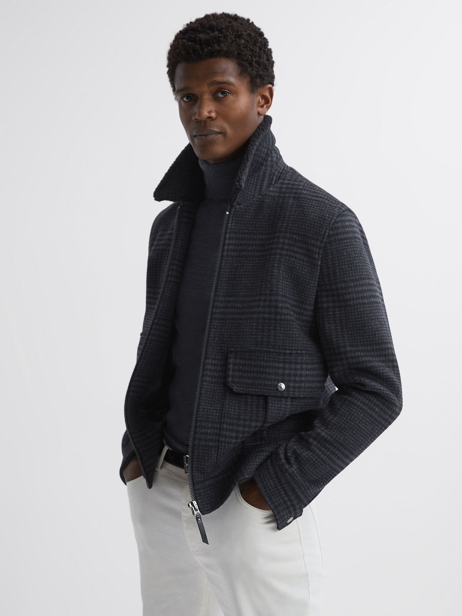 Wool Blend Check Jacket in Navy