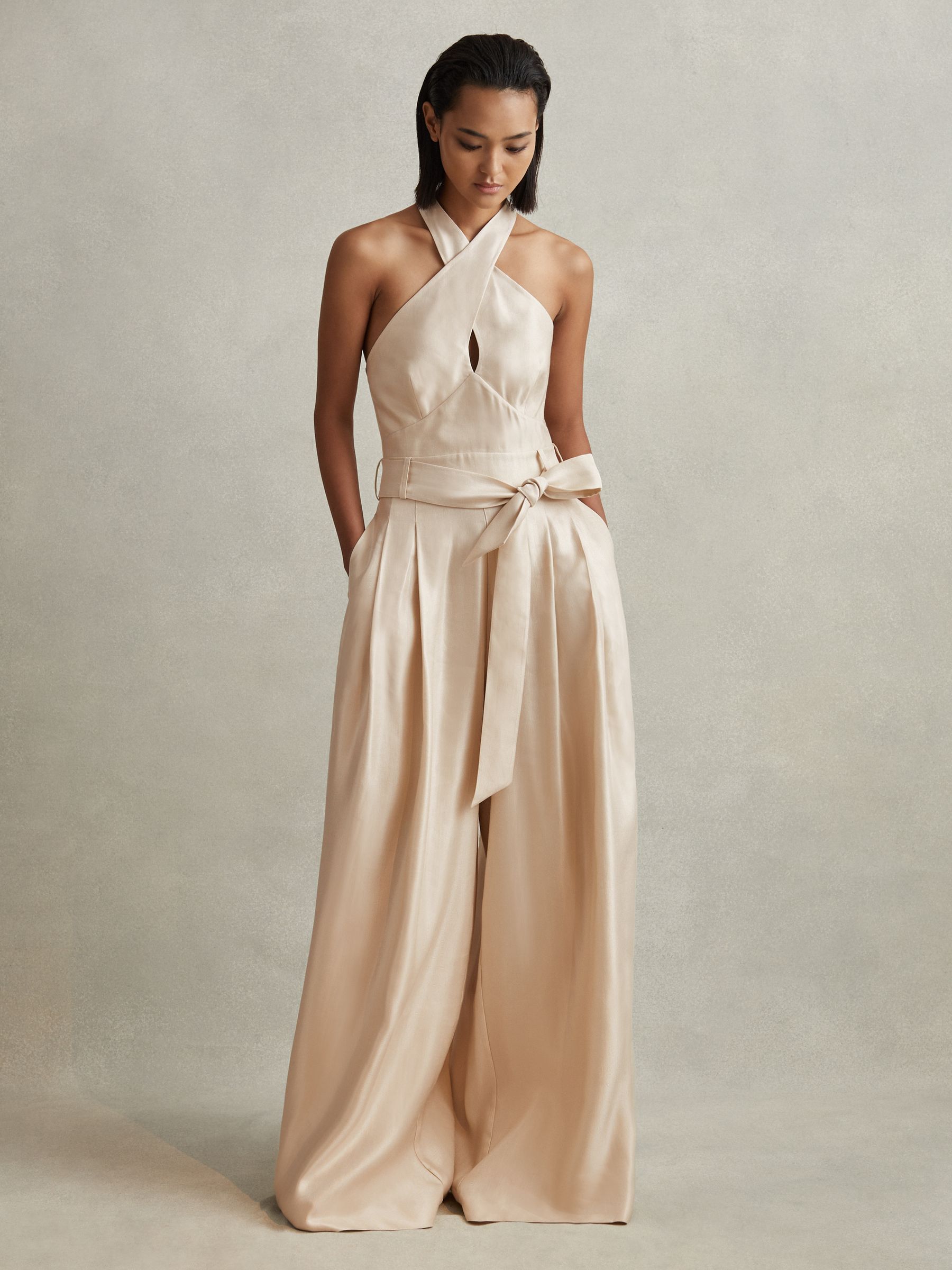 Reiss Viscose Linen Wide Leg Jumpsuit in Neutral REISS