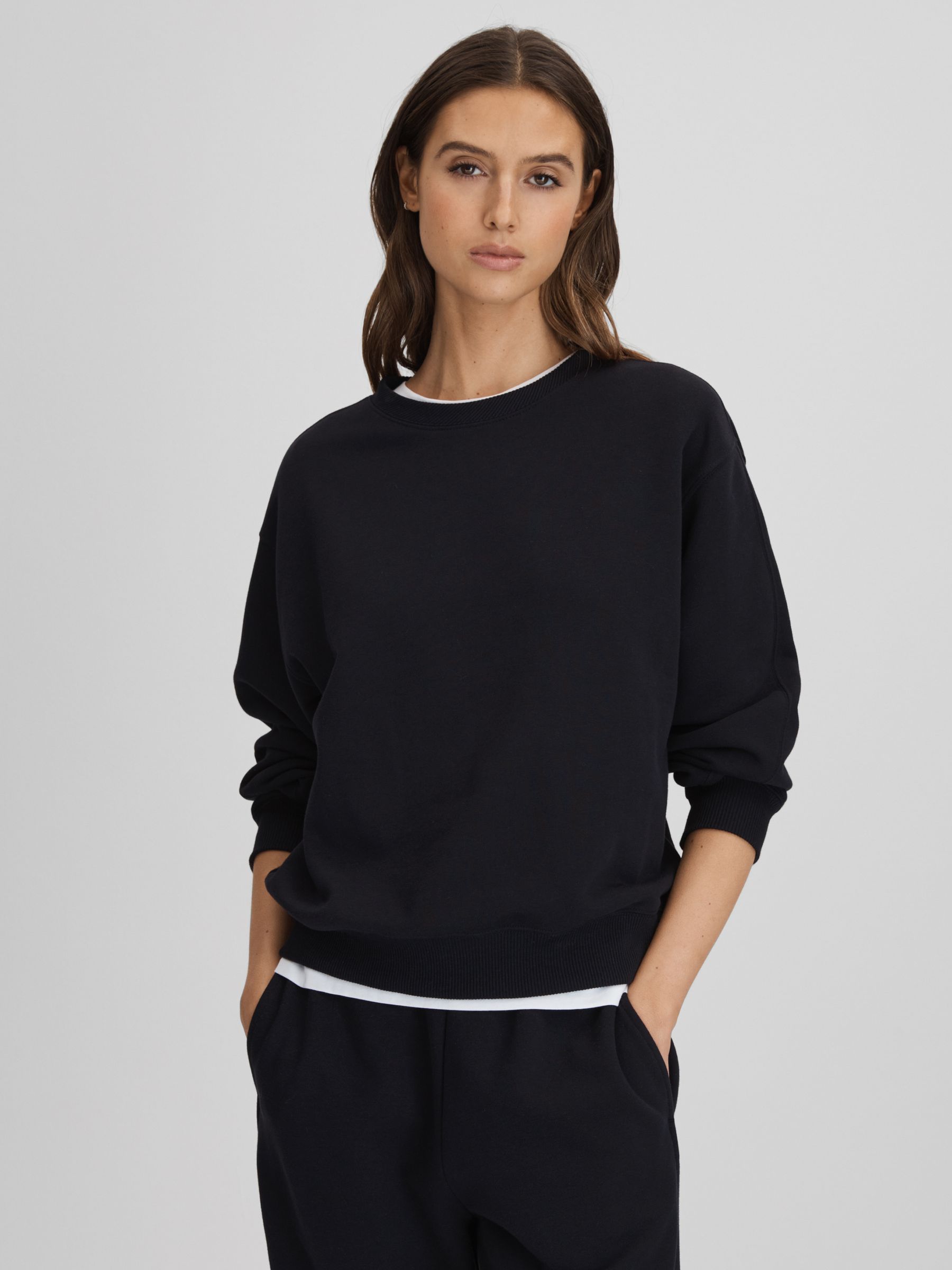 Cotton Blend Crew Neck Sweatshirt in Navy