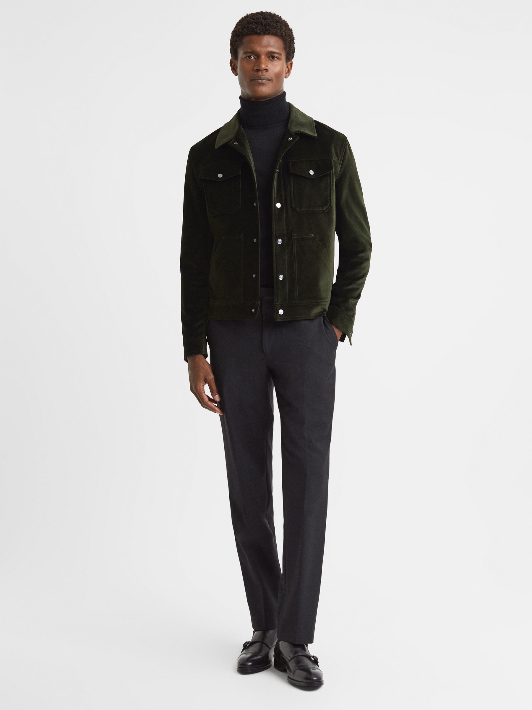 Reiss Velvet Press Stud Jacket in Emerald REISS