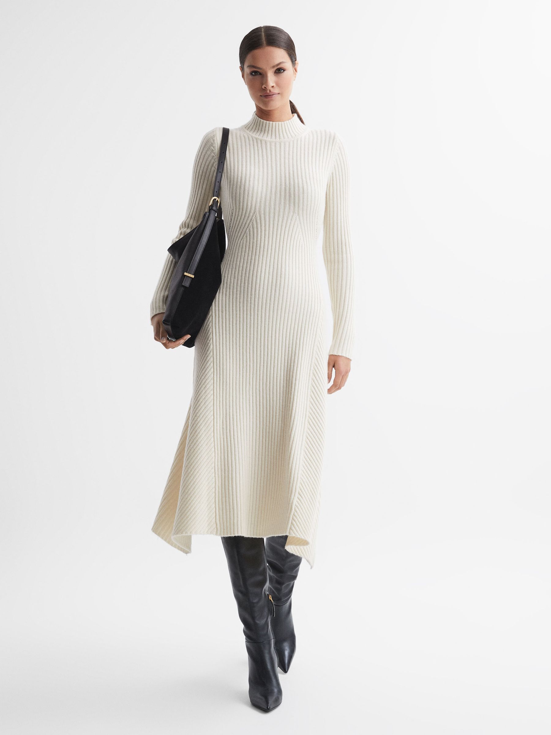 Reiss Wool Blend Bodycon Midi Dress in Cream REISS
