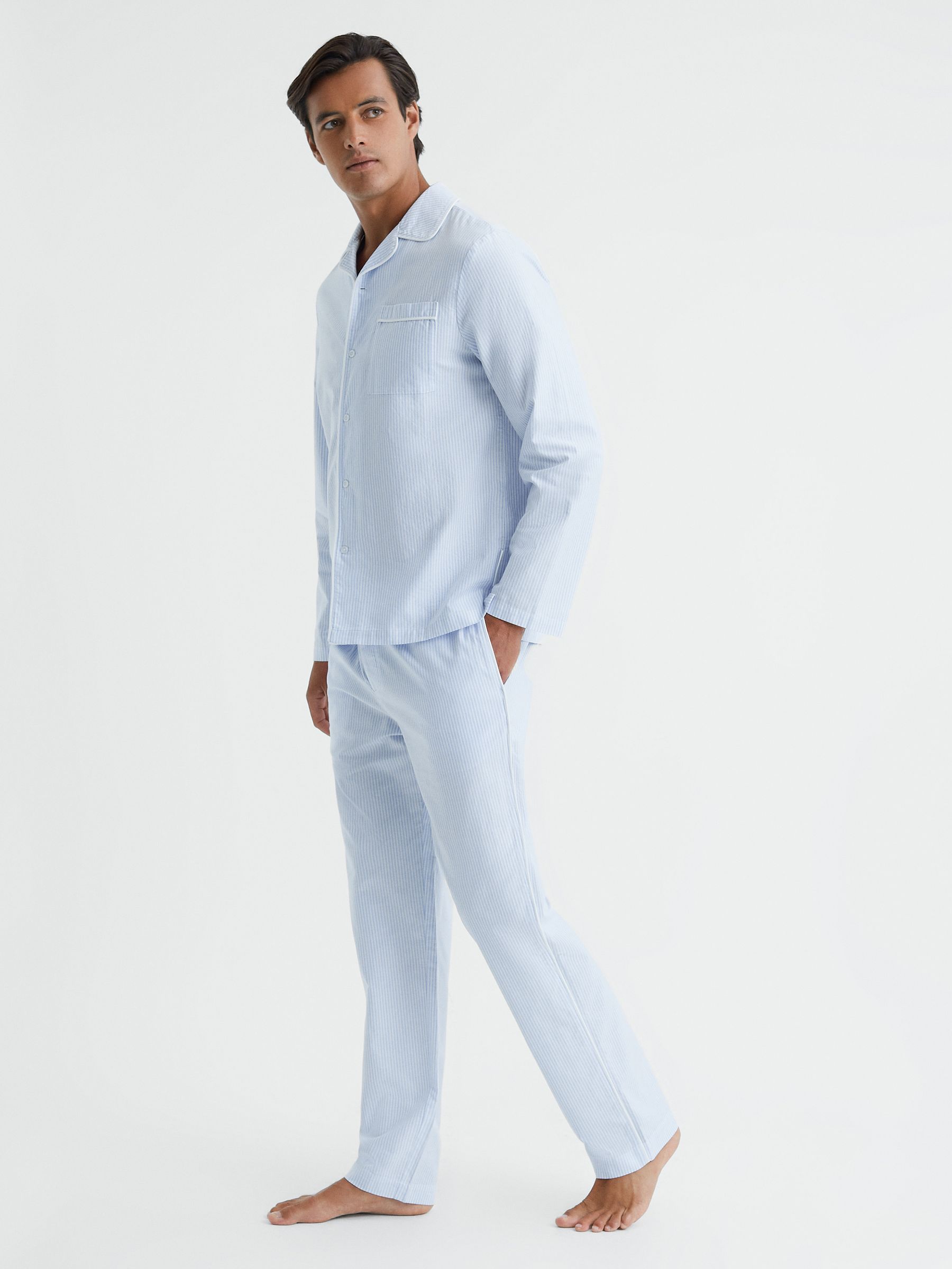 Striped Cotton Button Through Pyjama Shirt in Blue White