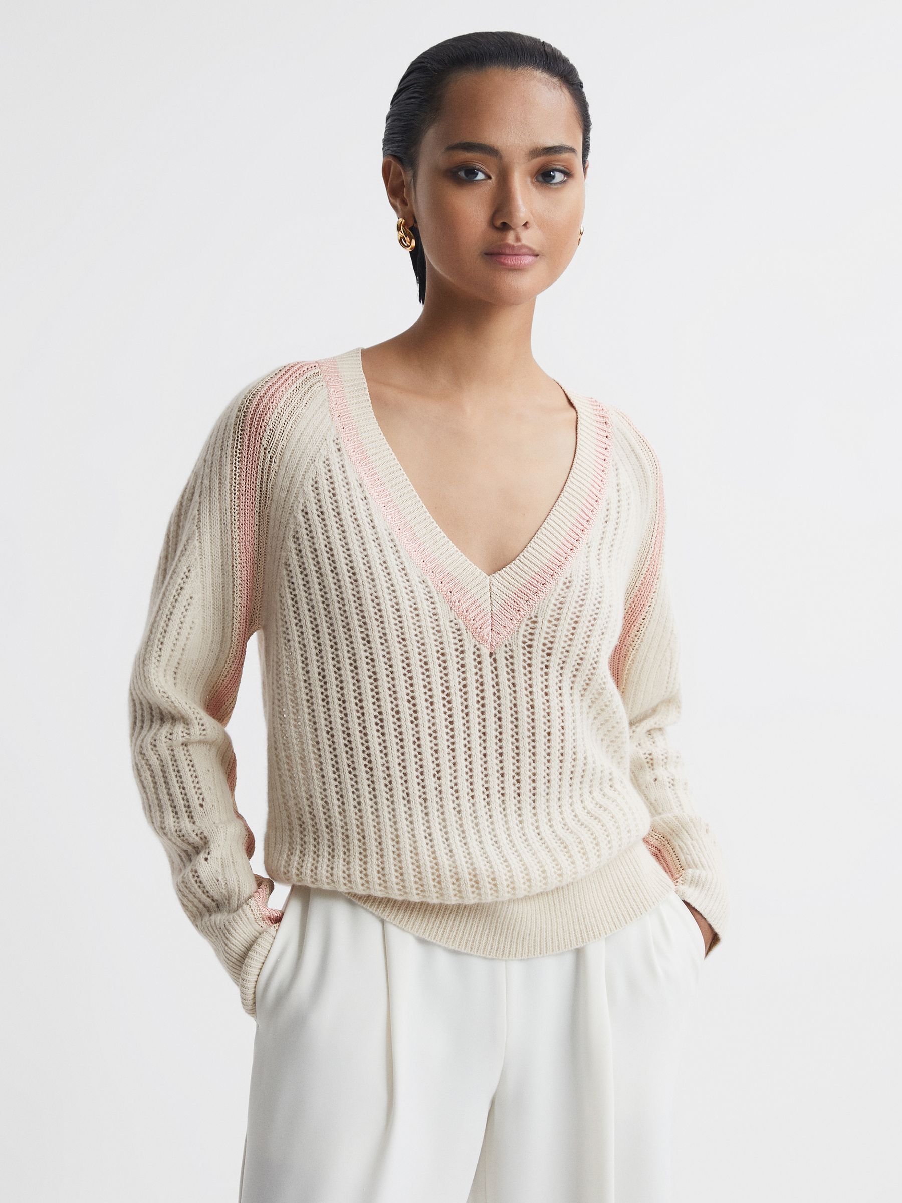 Reiss Wool Blend Knitted V Neck Jumper in Cream Nude REISS