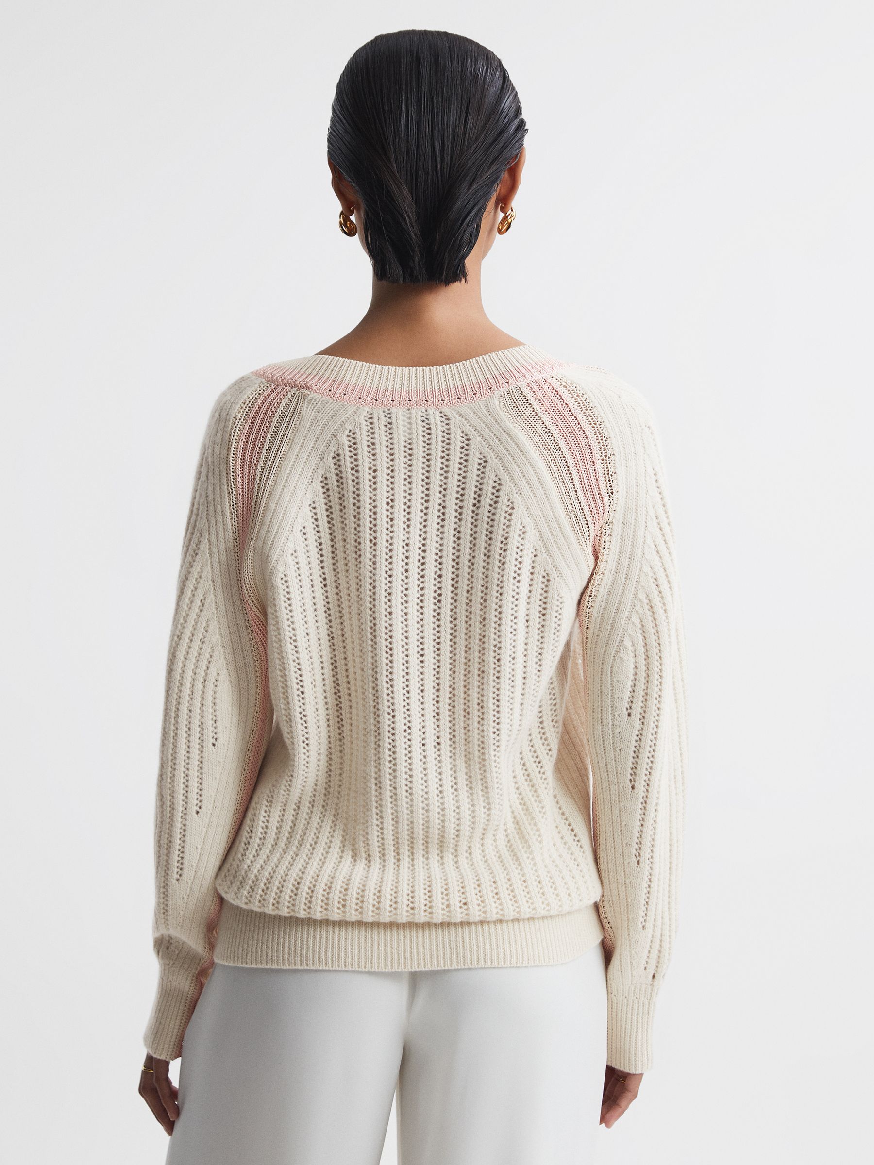 Reiss Wool Blend Knitted V Neck Jumper in Cream Nude REISS
