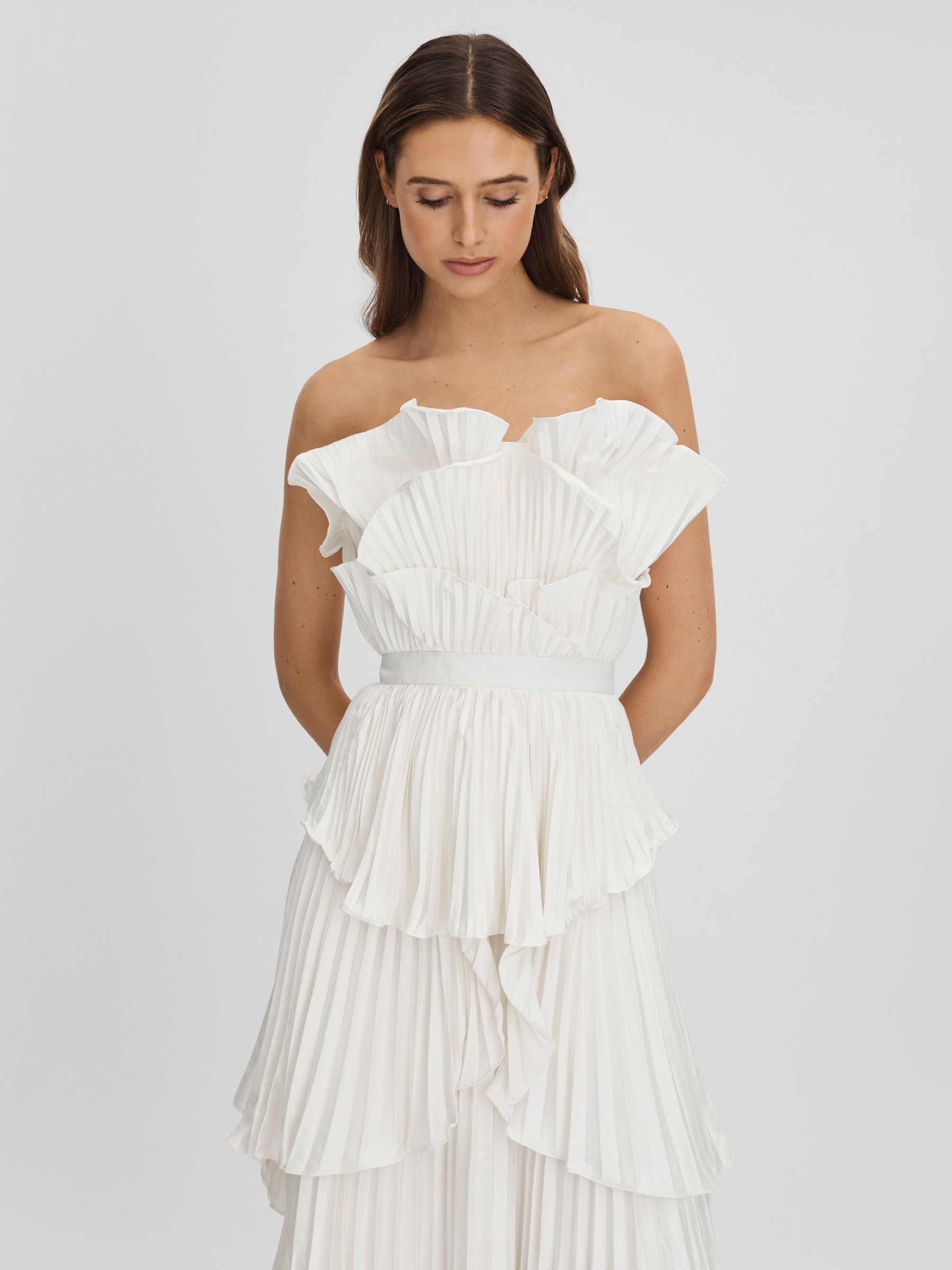 Reiss Amur Pleated Tiered Maxi Dress in Ivory REISS