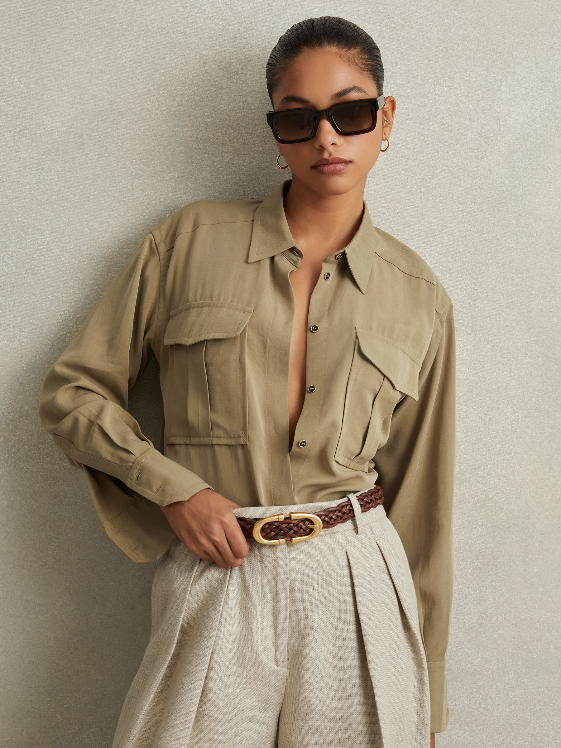 Reiss Lyocell Button Through Shirt in Khaki REISS