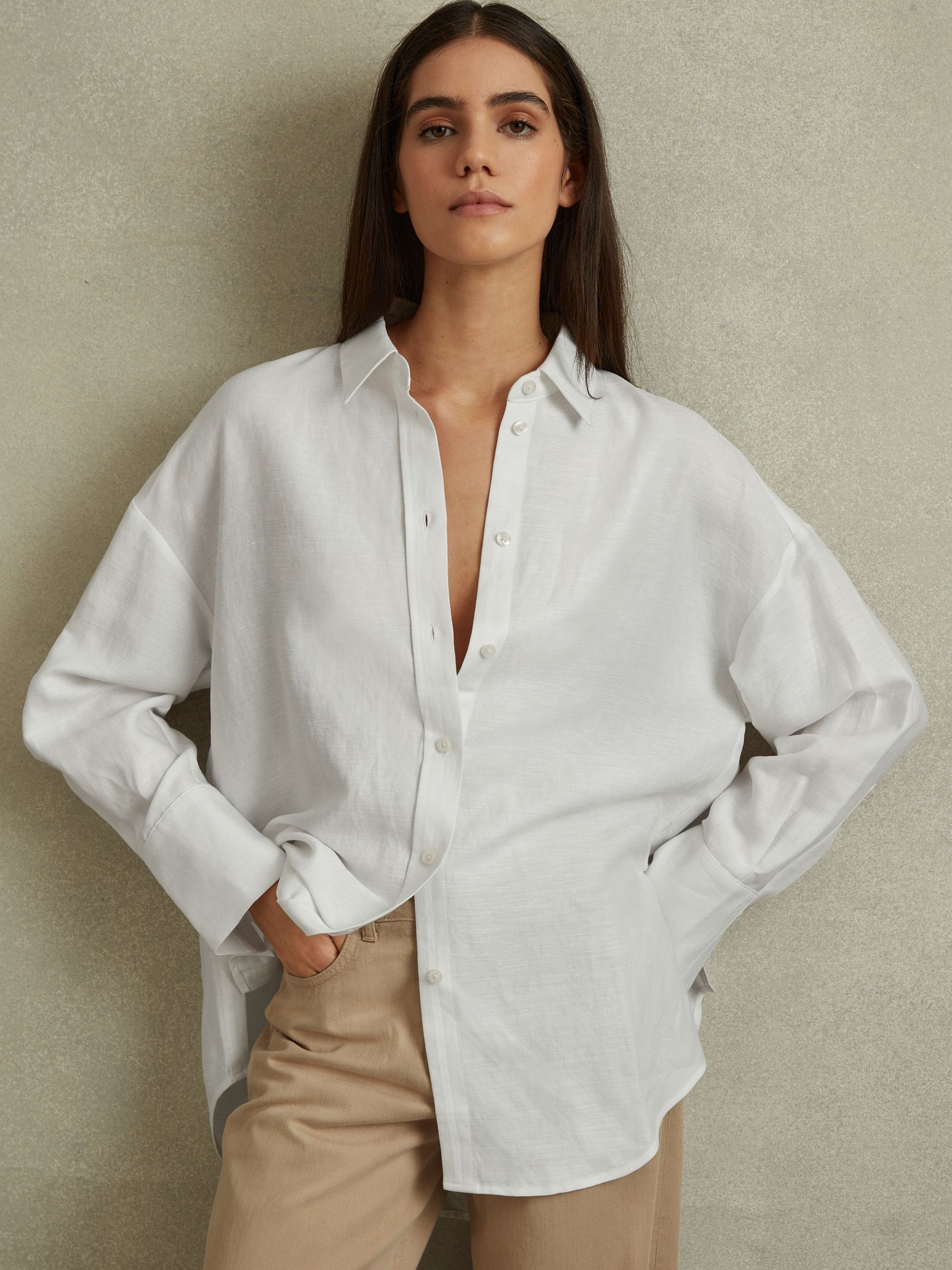 Reiss Relaxed Fit Lyocell Linen Button Through Shirt in White REISS