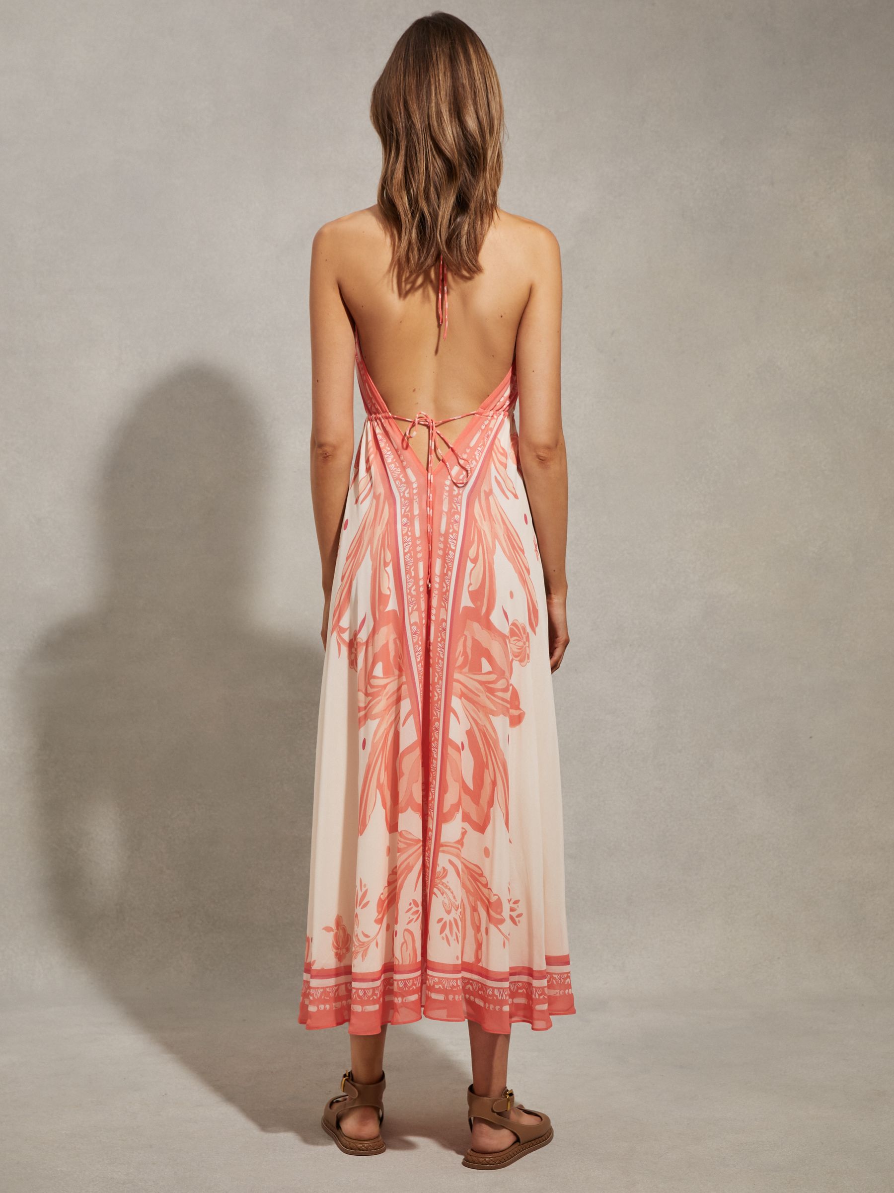 Reiss Printed Ruched Waist Midi Dress in Coral REISS