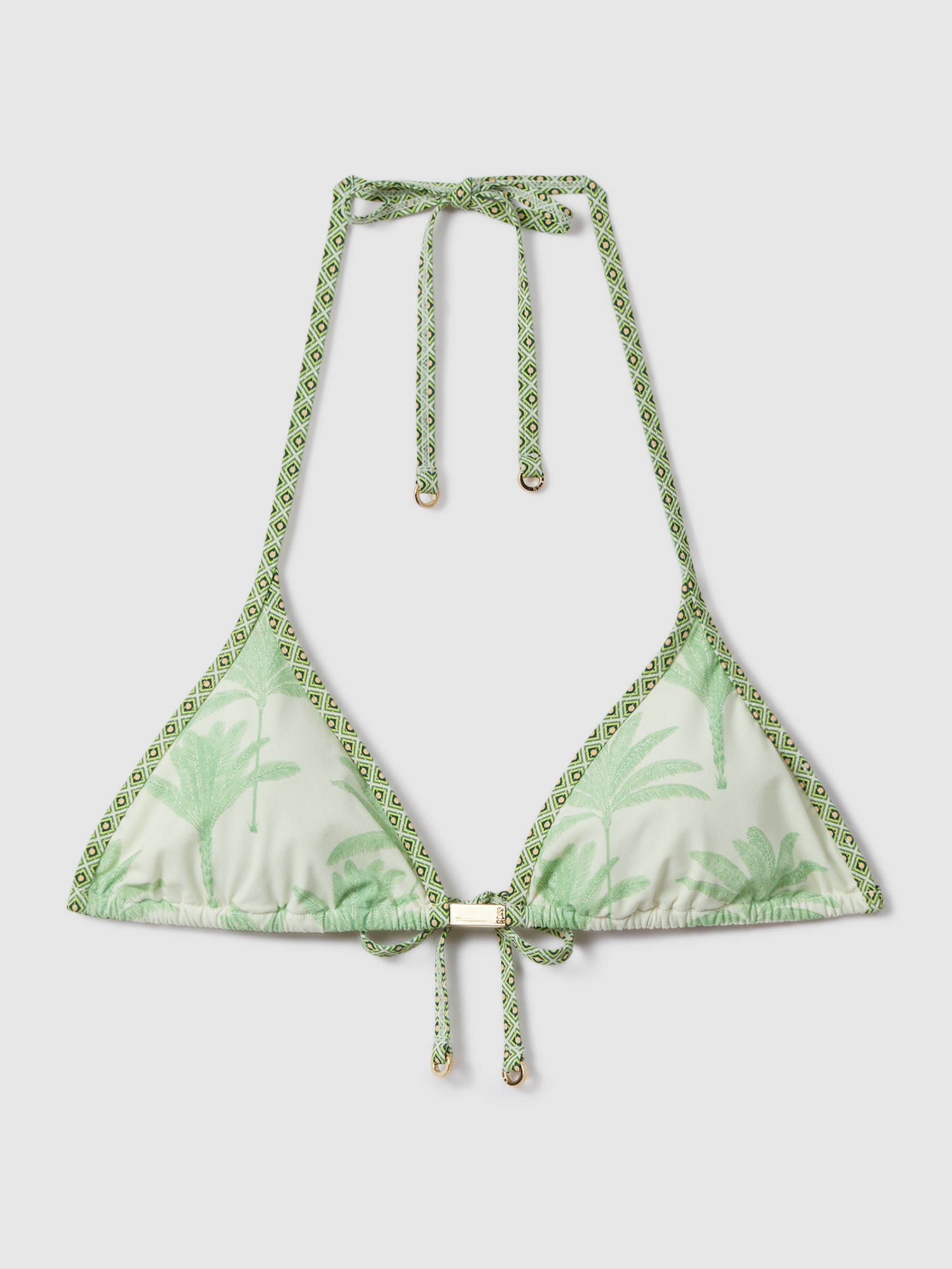 Reiss Palm Tree Print Bikini Top in Green Cream REISS