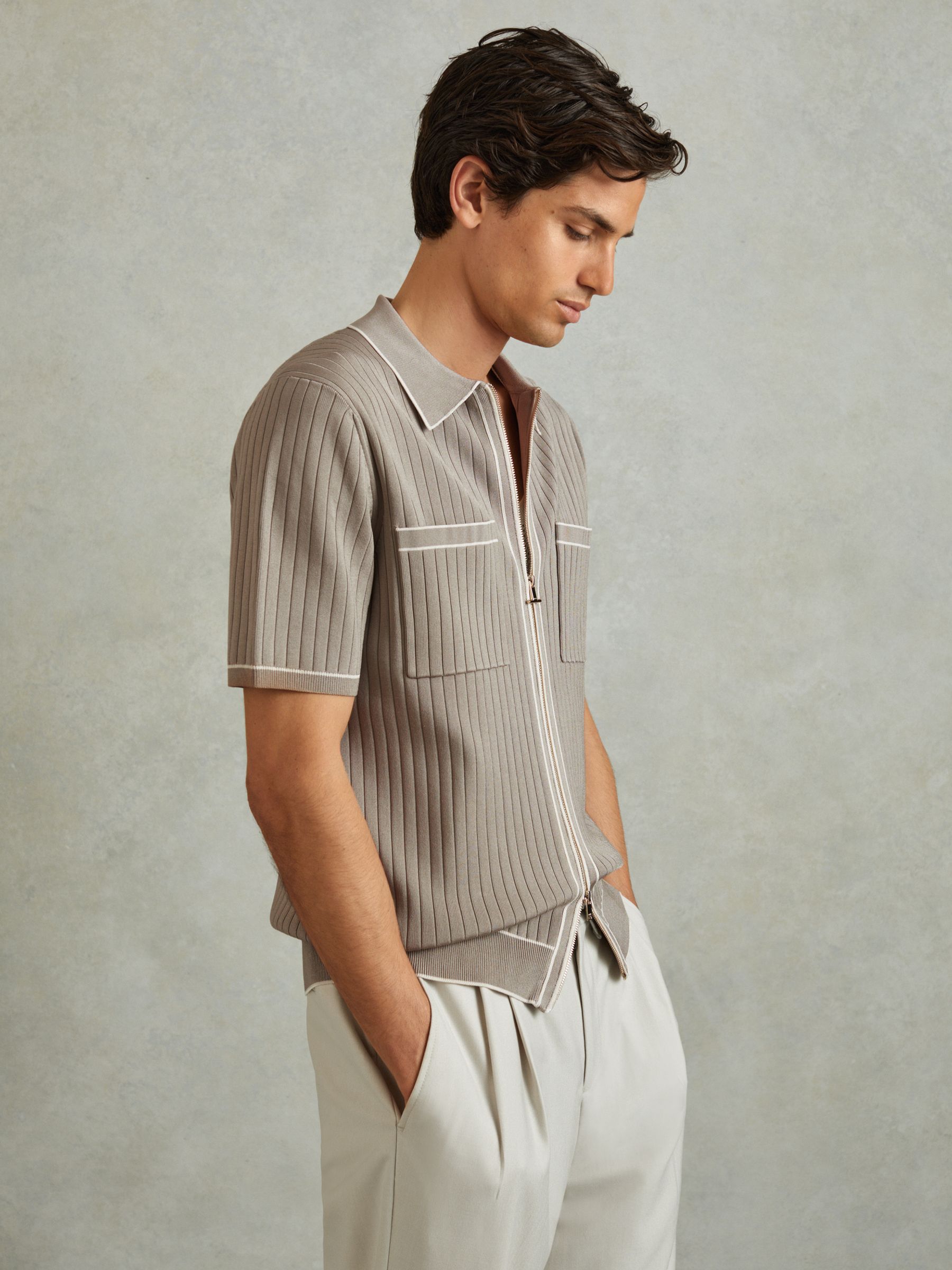 Reiss Ribbed Dual Zip Front Shirt in Stone REISS