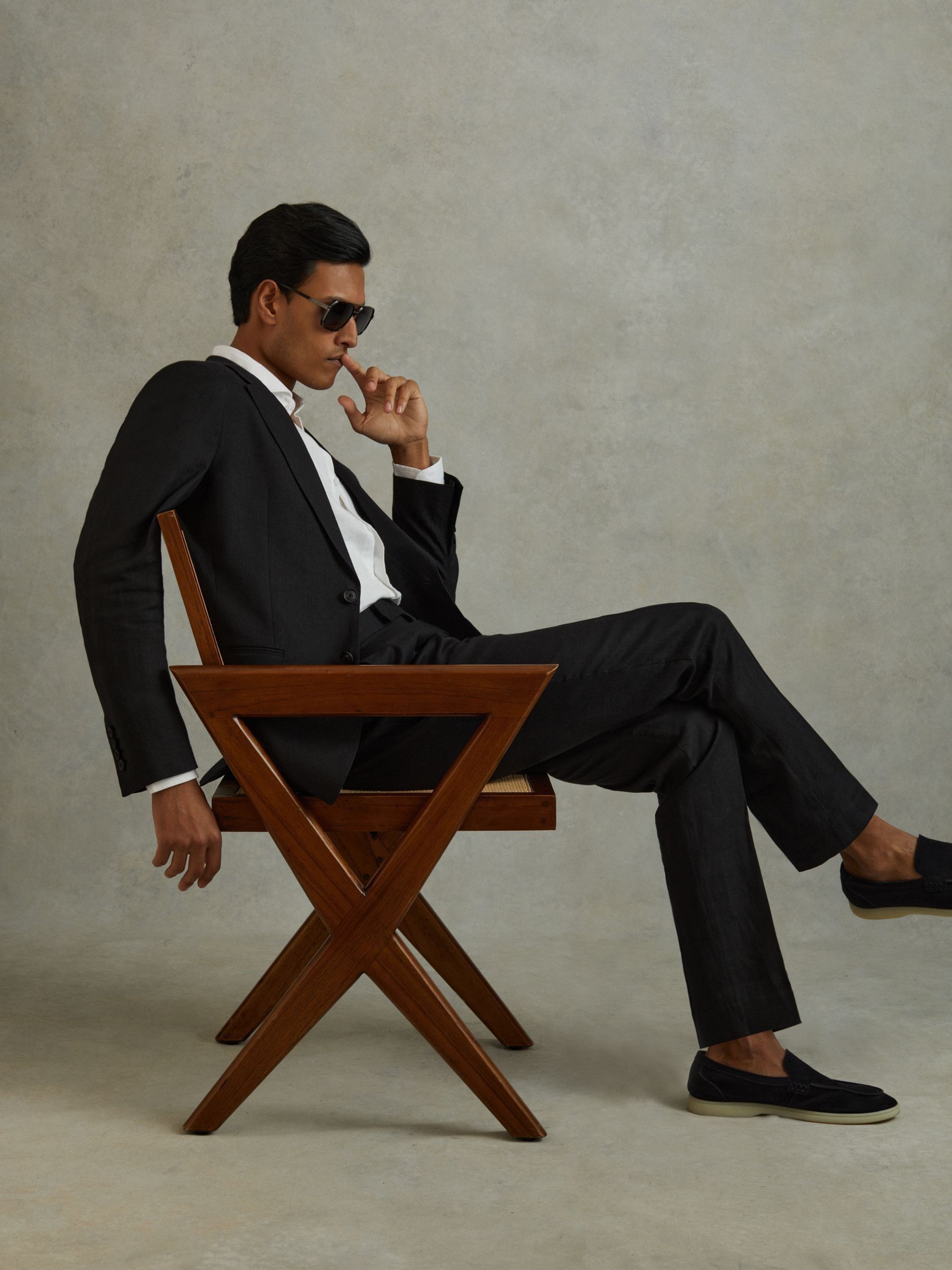 Reiss Single Breasted Linen Suit Blazer Slim Fit in Black REISS