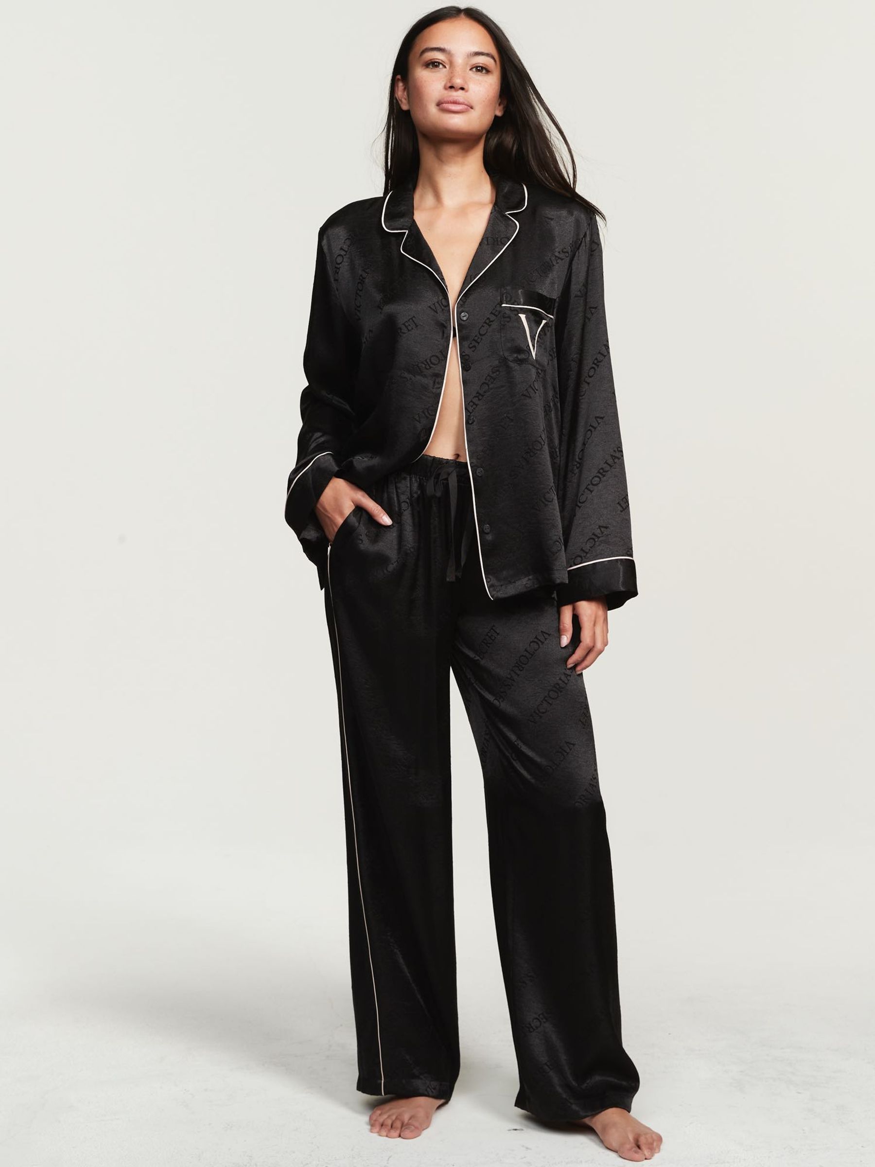 Buy Victoria s Secret Black Logo Satin Long Pyjamas from the Victoria s Secret UK online shop