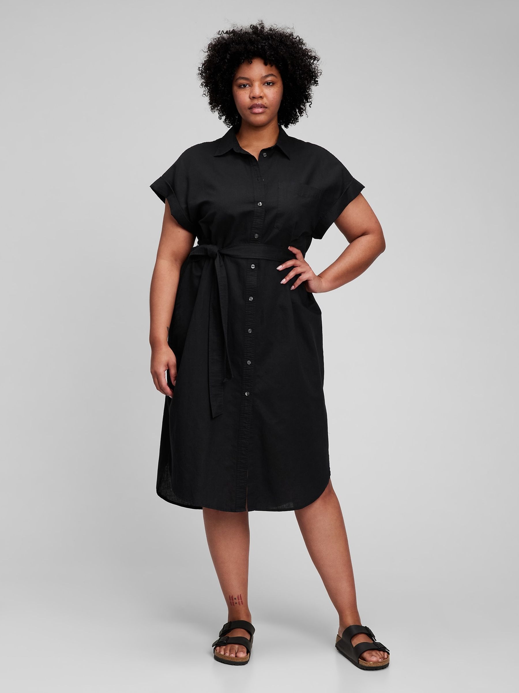 Black linen button down dress hot sale