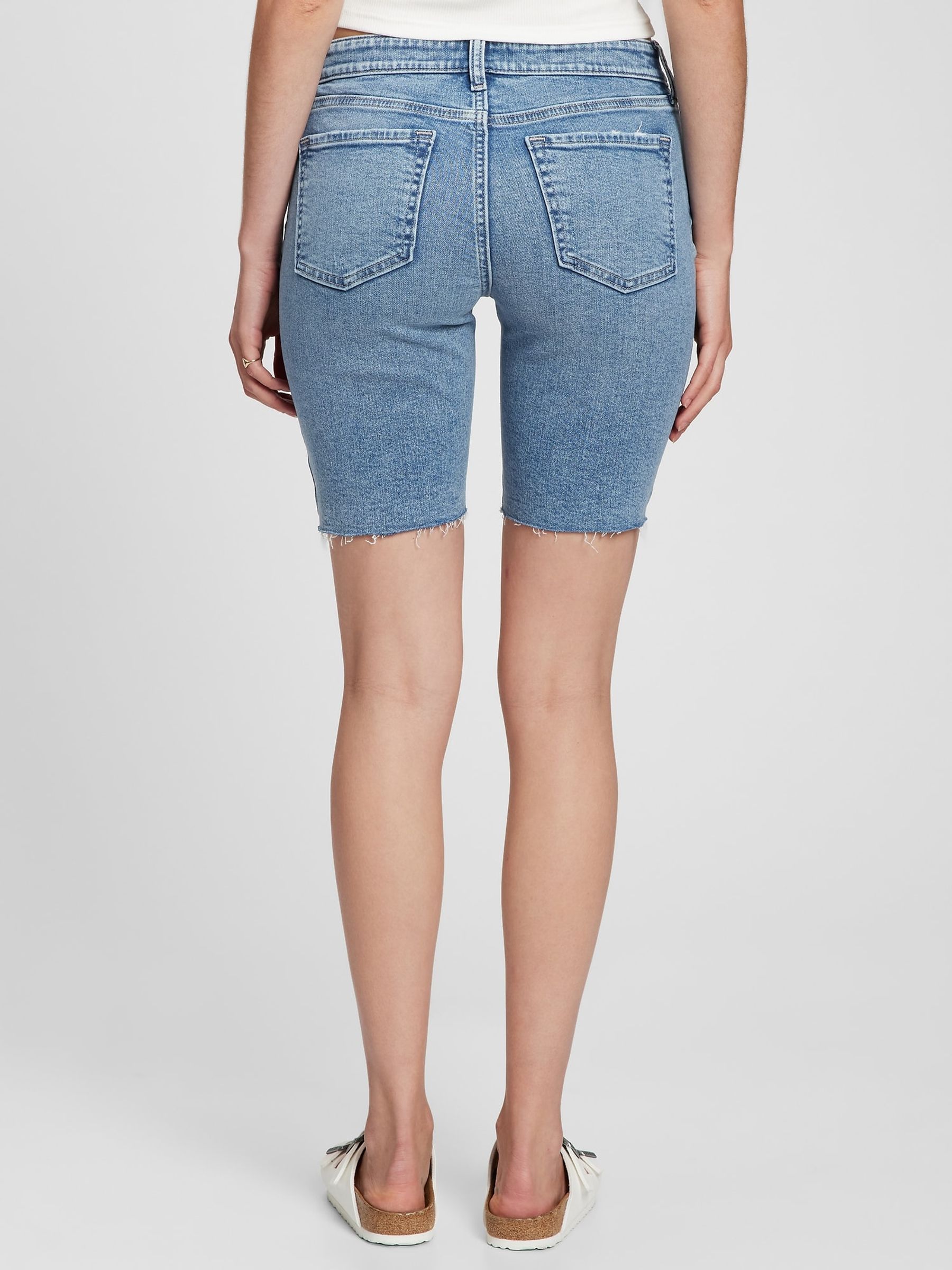 9 Mid Rise Distressed Denim Bermuda Shorts