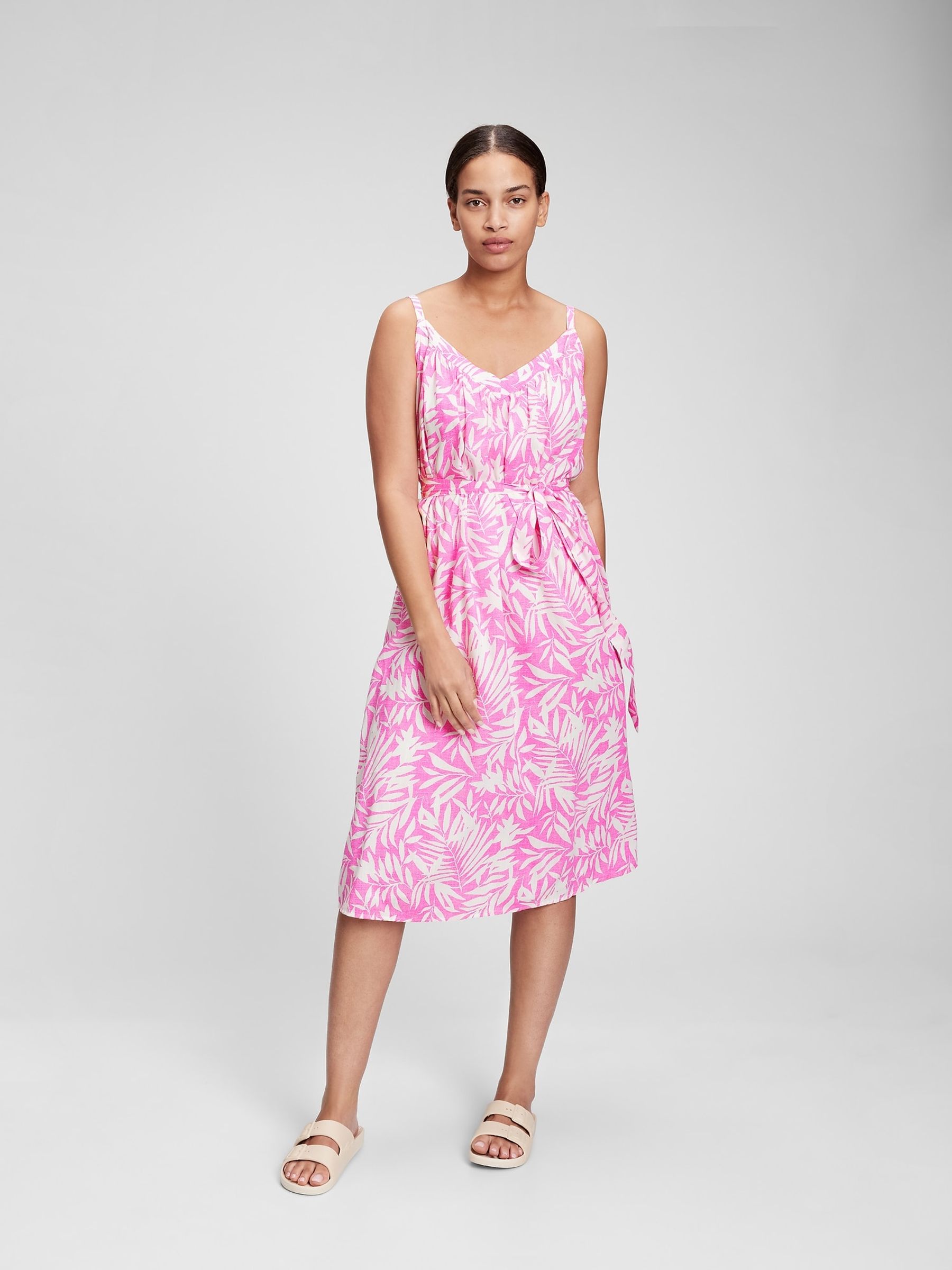 Pink Floral V Neck Midi Dress