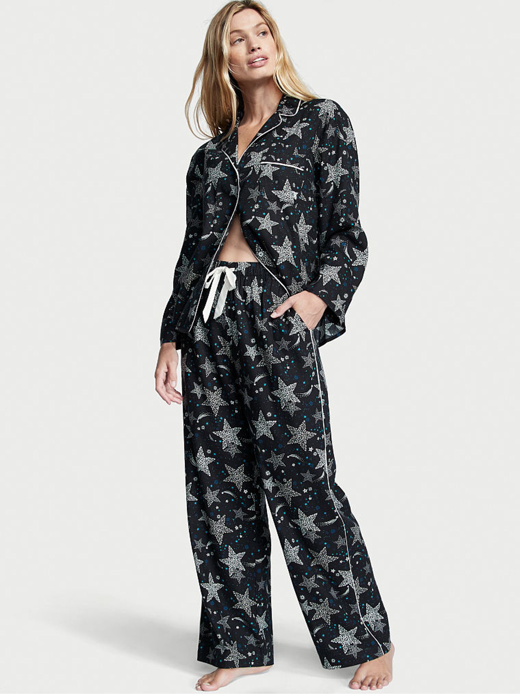 Black Starry Stars Flannel Long Pyjamas