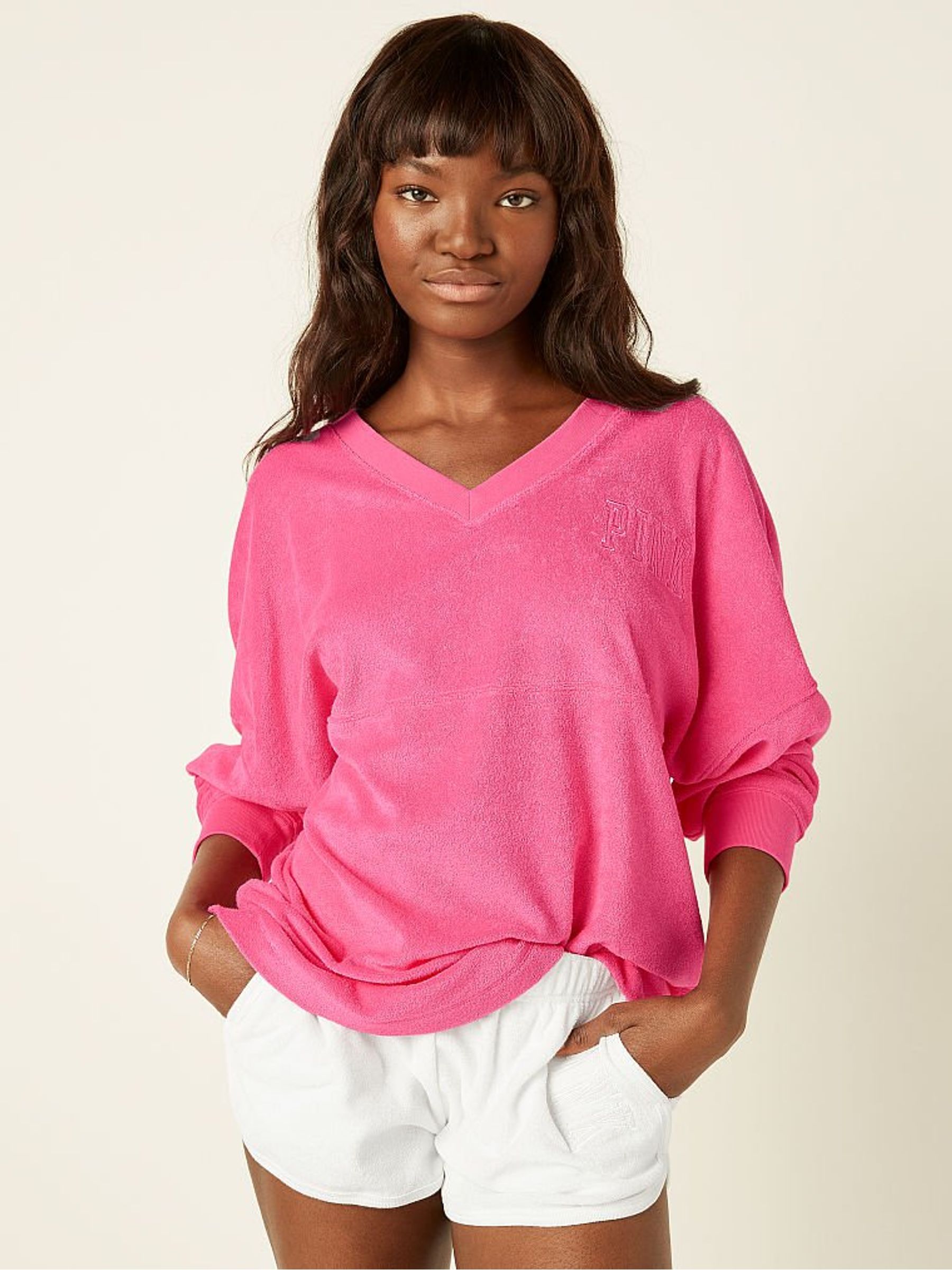 Buy Victoria s Secret Capri Pink Varsity Terry V Neck Sweatshirt from the Victoria s Secret UK online shop