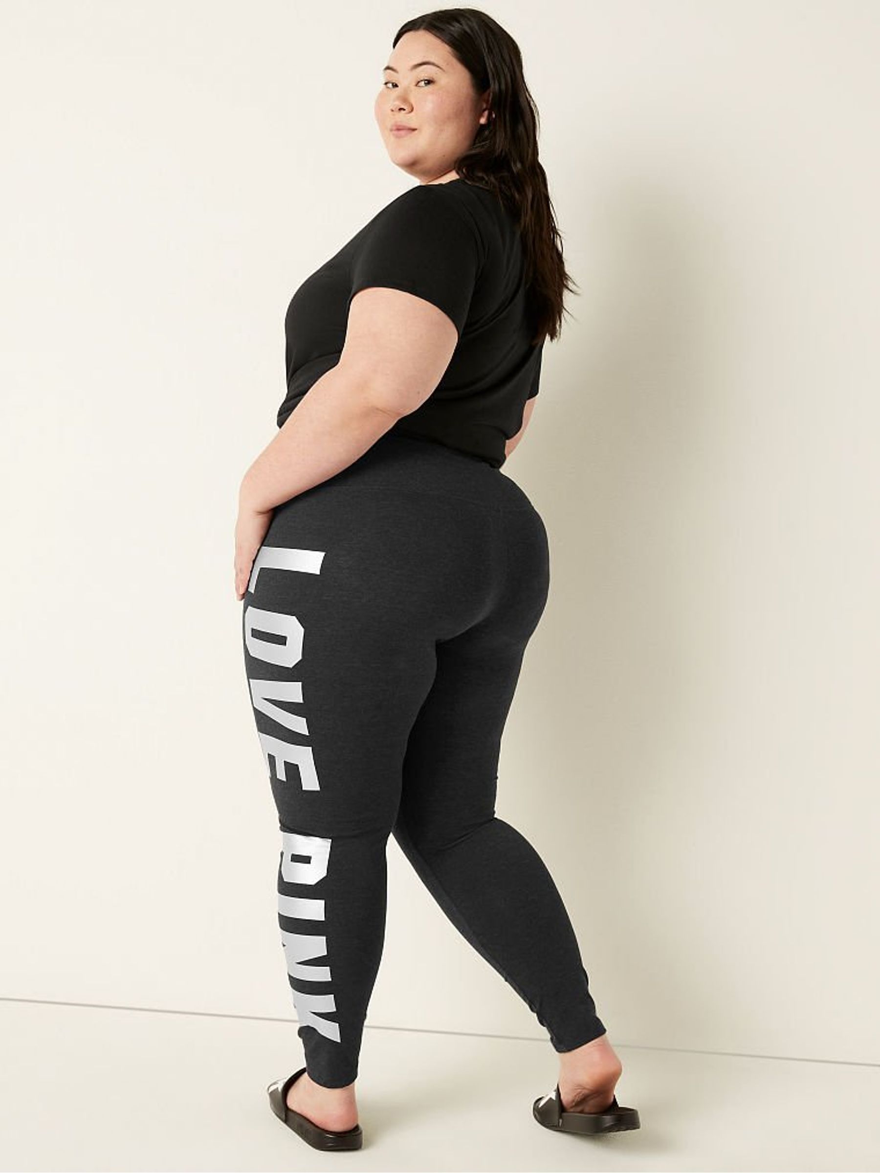 Pure Black Love Pink Cotton High Waist Full Length Leggings