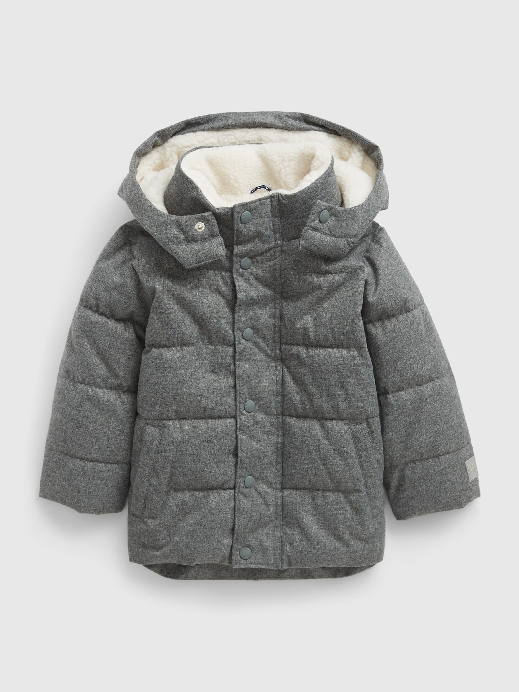 Grey Water Resistant Sherpa Lined Recycled Puffer Jacket