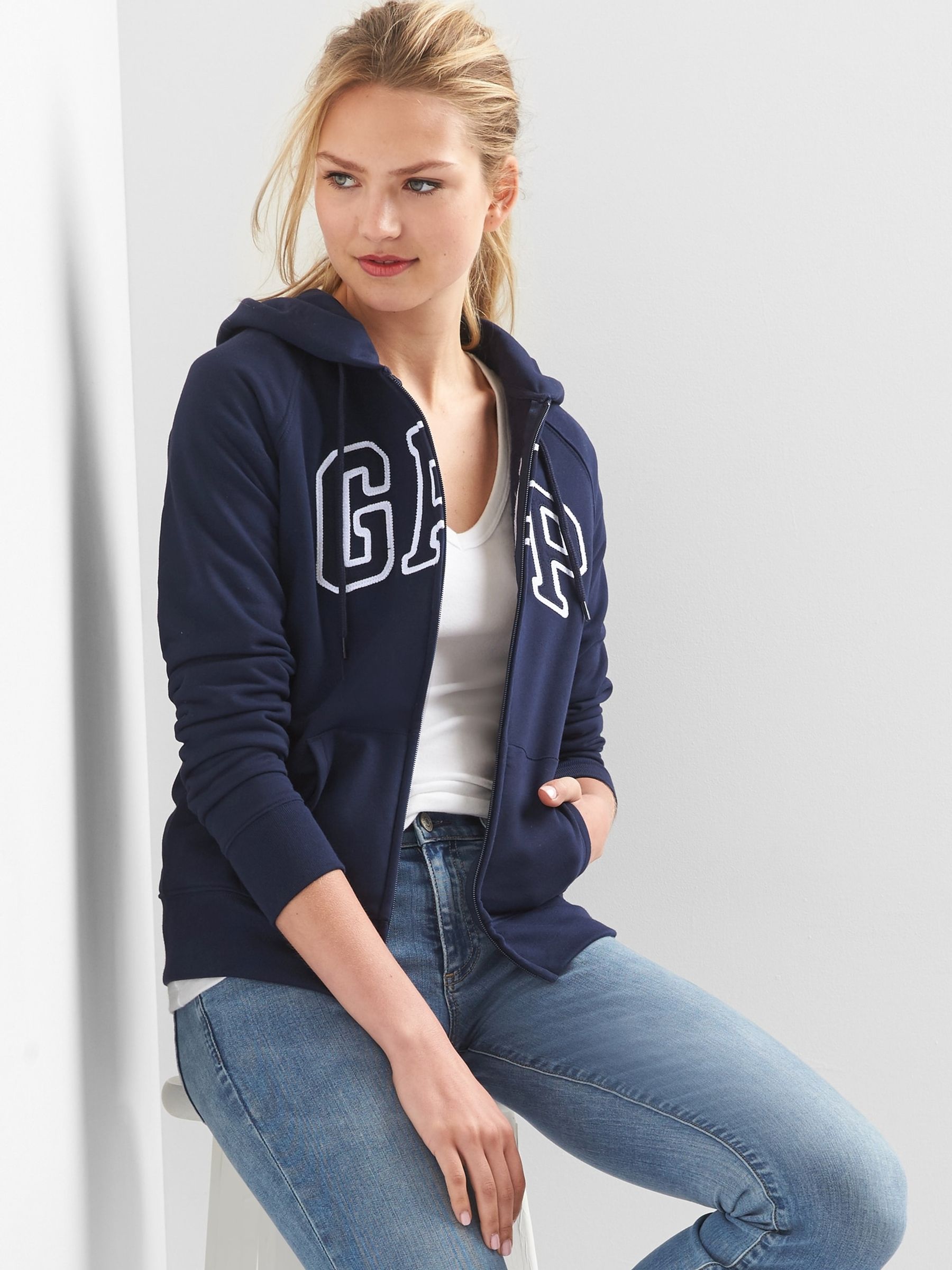 Buy Navy Blue Logo Zip Up Hoodie from the Gap online shop