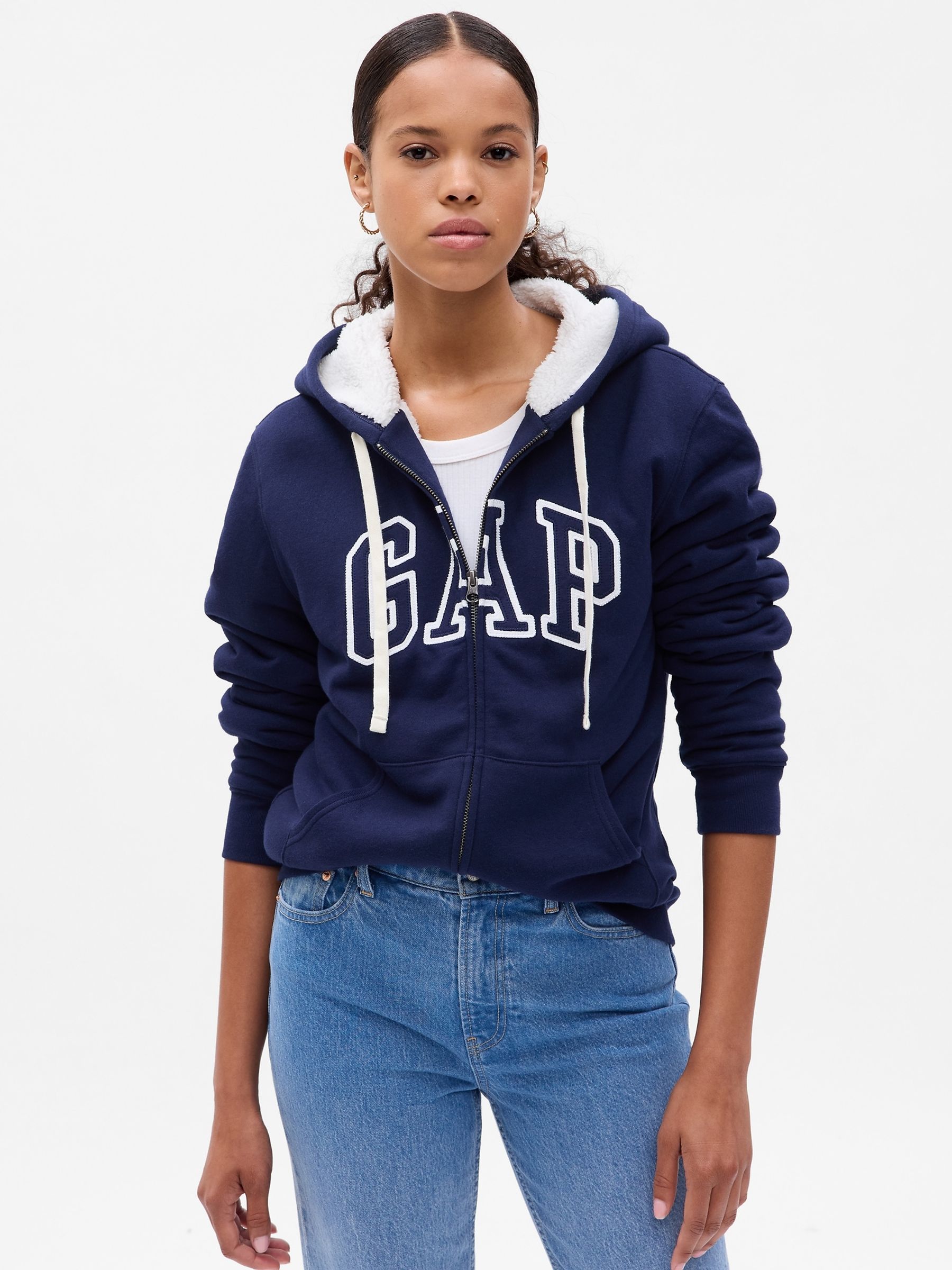 Blue Logo Sherpa Lined Zip Long Sleeve Hoodie