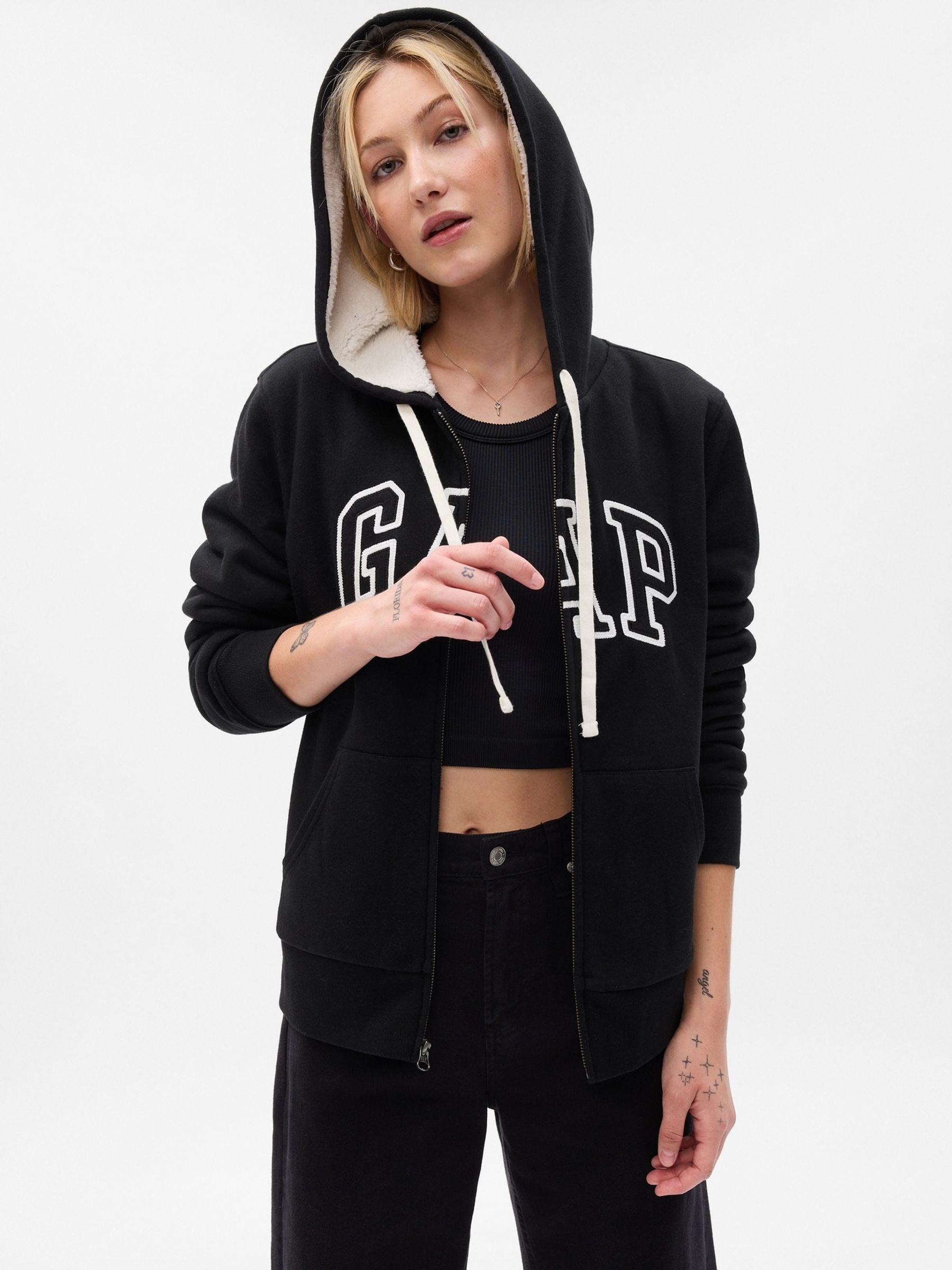 Black Logo Sherpa Lined Zip Long Sleeve Hoodie