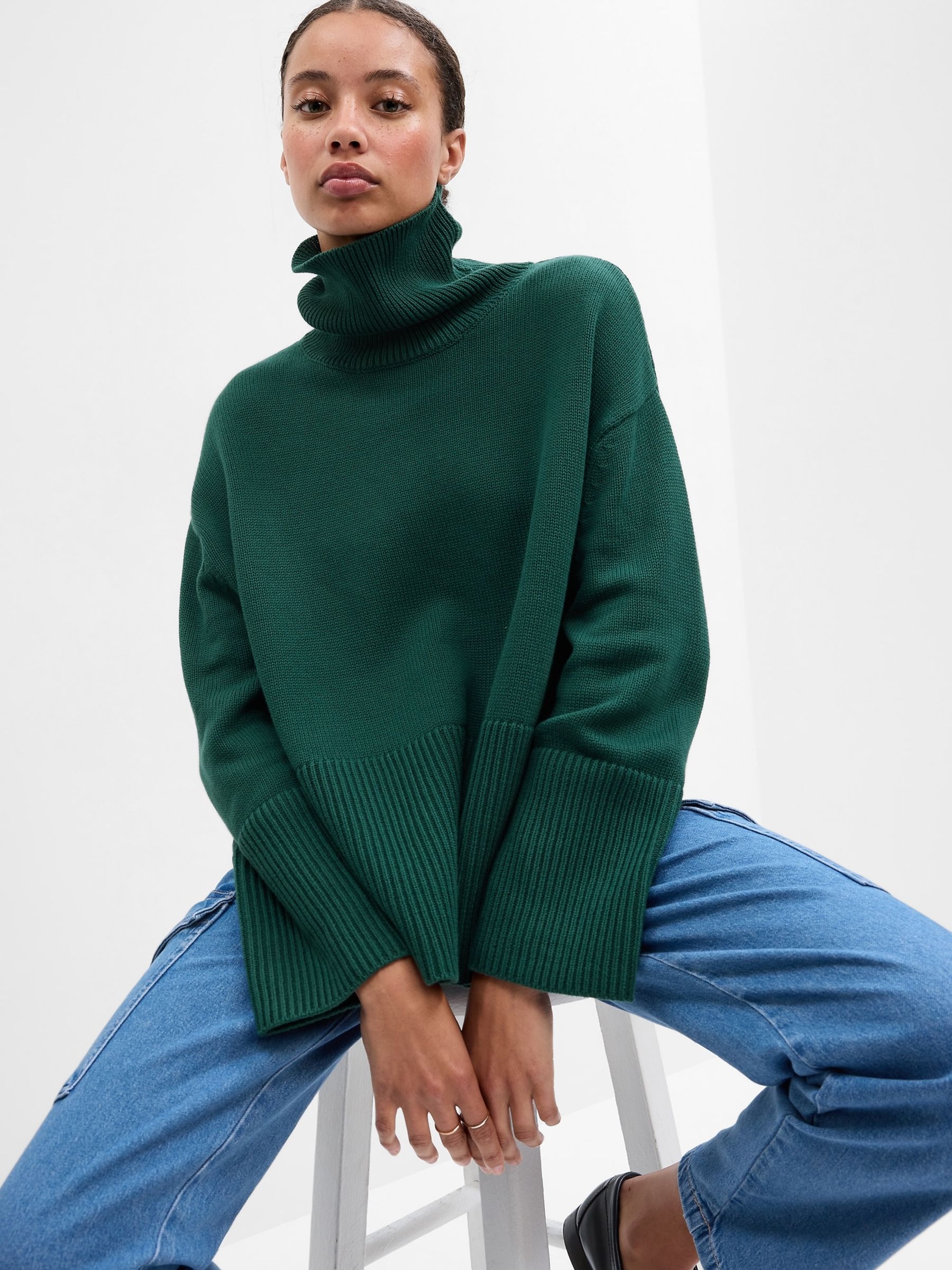 Green Relaxed Turtle Neck Tunic Jumper