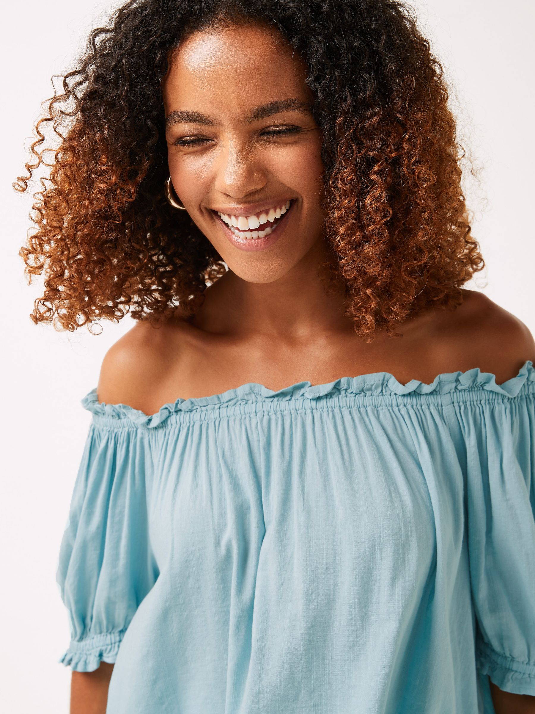 Light Blue Cotton Modal Scoop Neck Puff Sleeve Top
