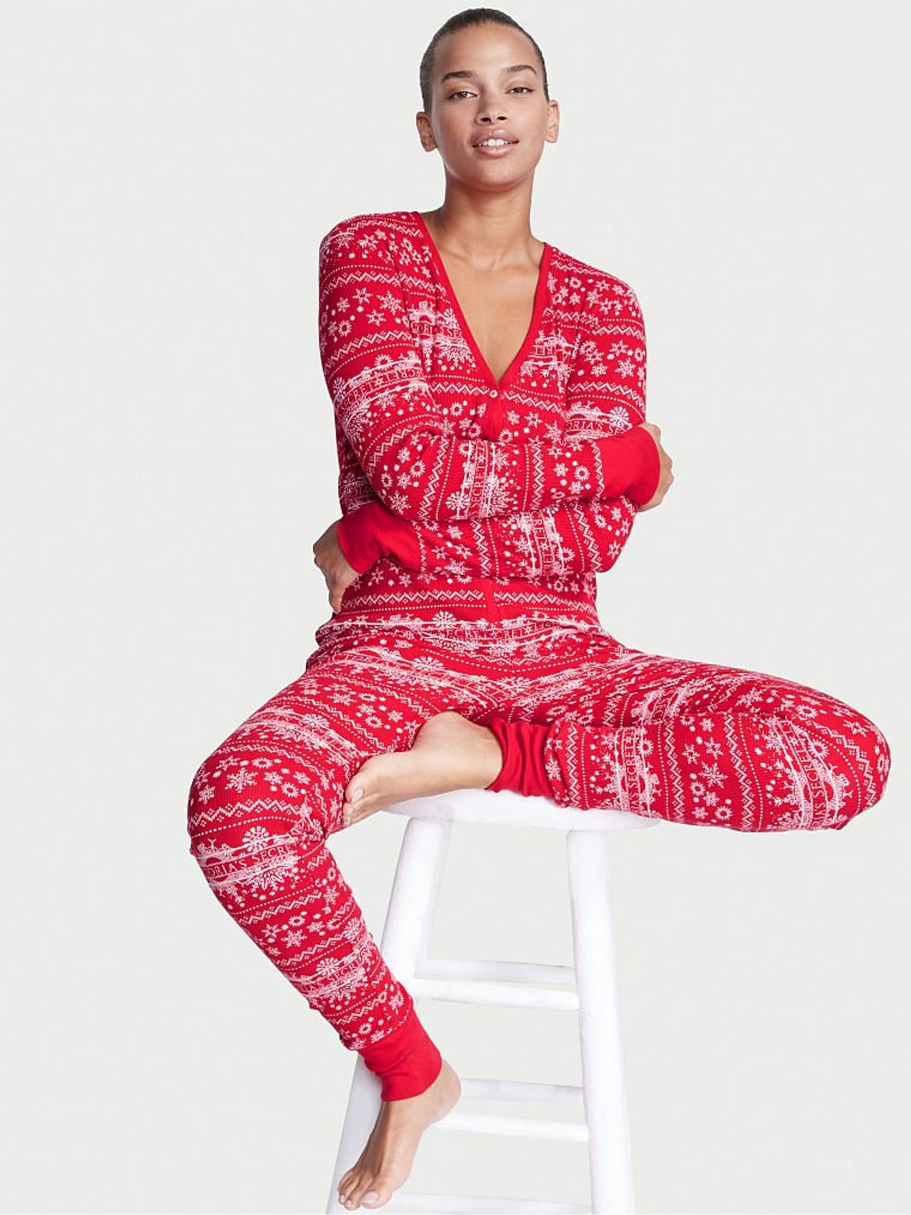 Lipstick Vs Fair Isle Red Thermal Long Sleeve Long Jumpsuit Victoria s Secret UK