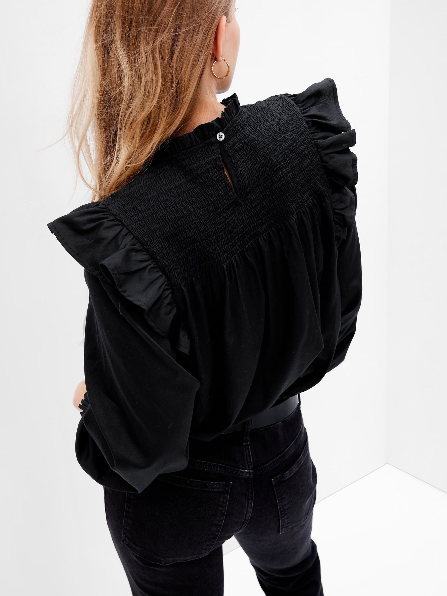Buy Black Smocked Long Sleeve Ruffle Top from the Gap online shop