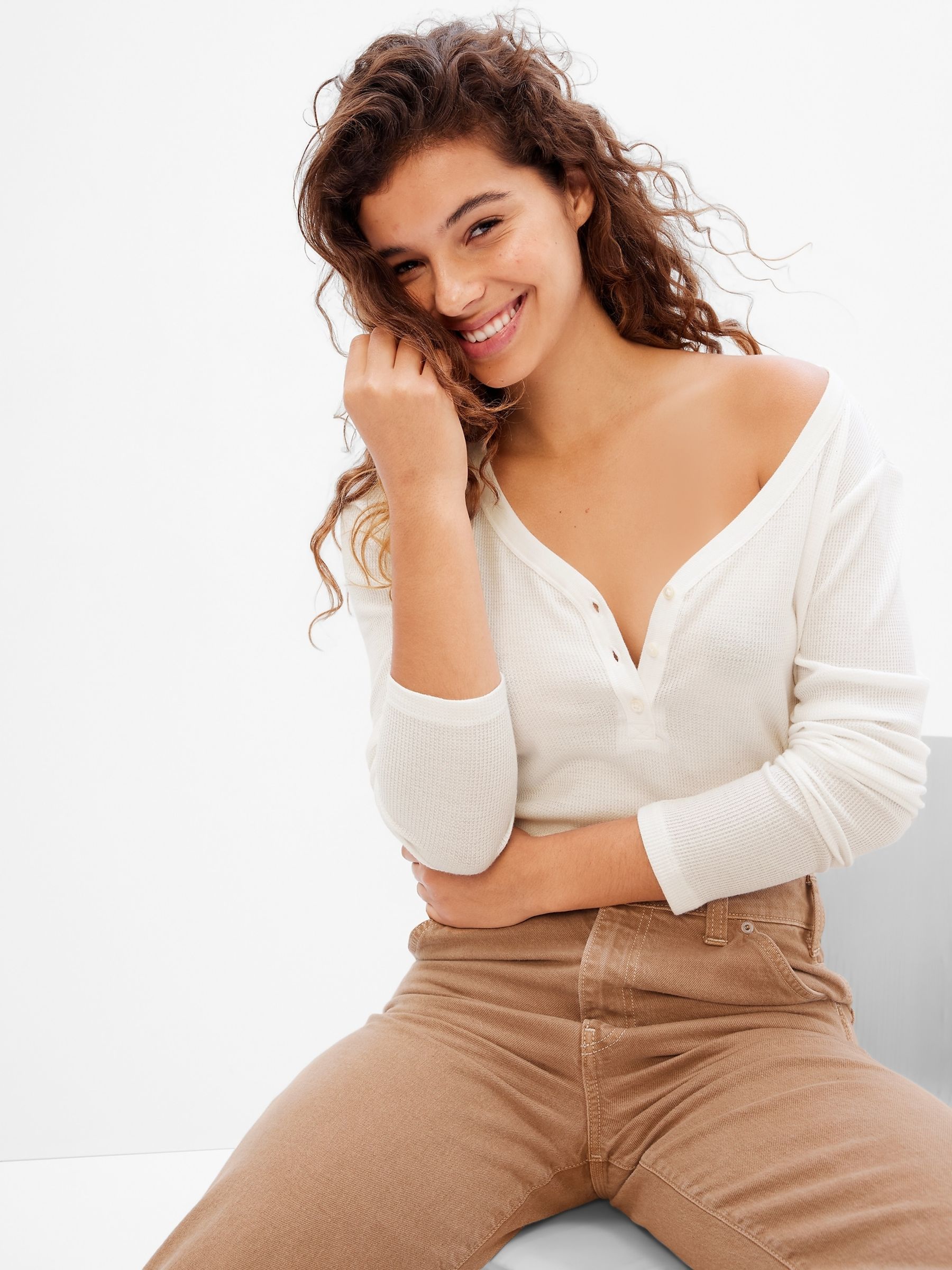 Buy White Waffle Long Sleeve V Neck Henley T Shirt from the Gap online shop