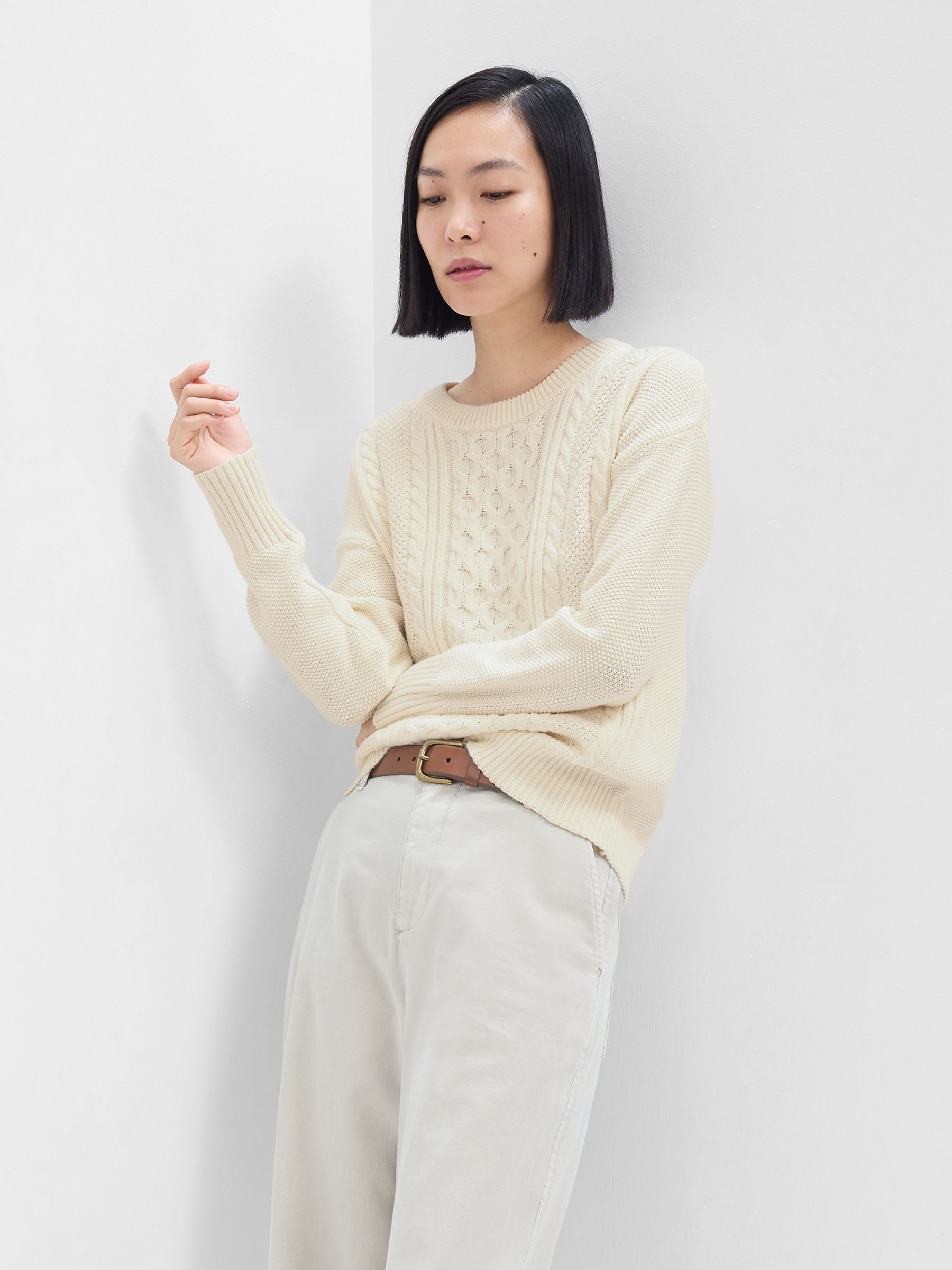 Buy Cream Cable Knit Crewneck Jumper from the Gap online shop