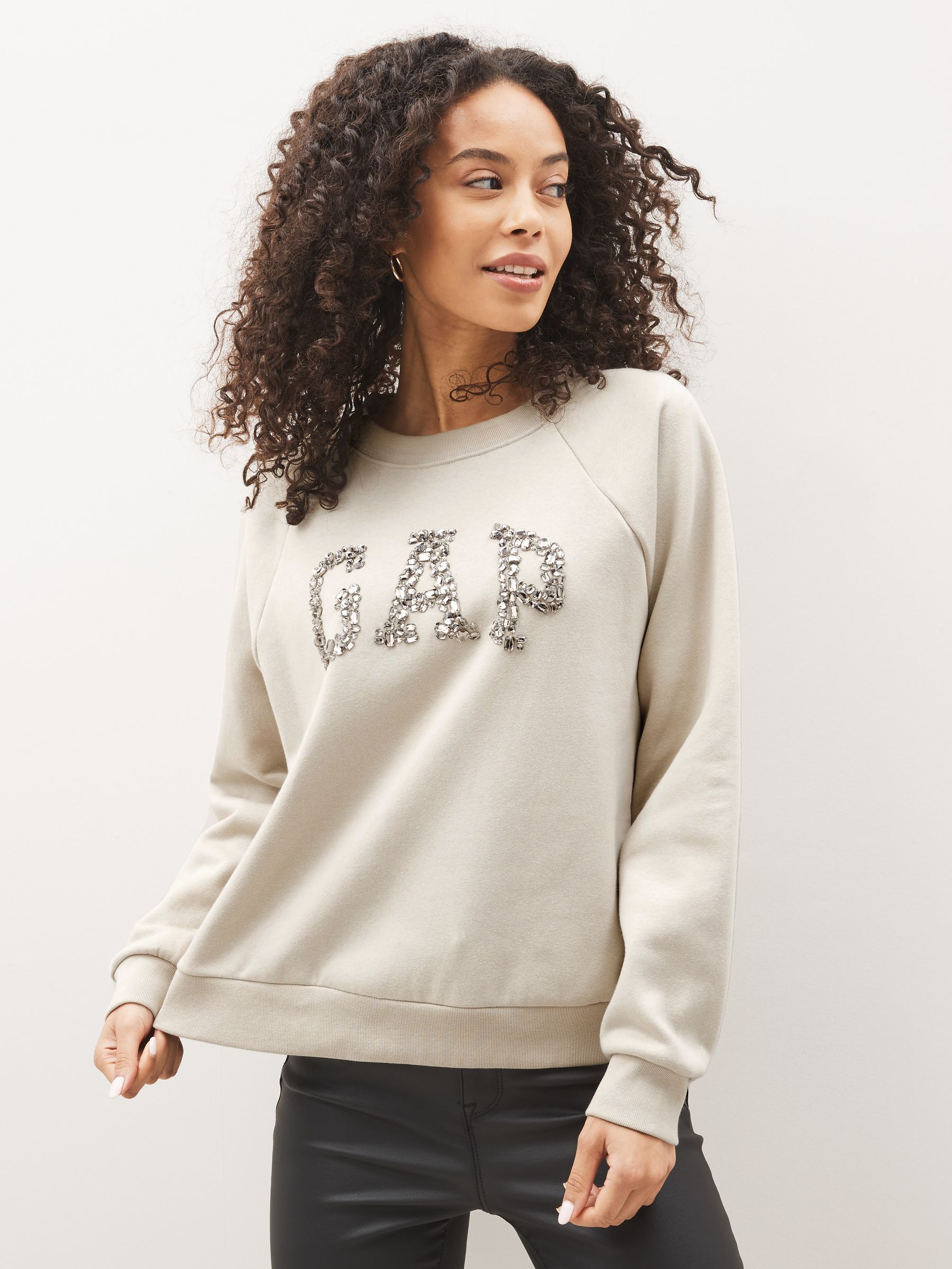 Cream Embellished Logo Crew Neck Sweatshirt