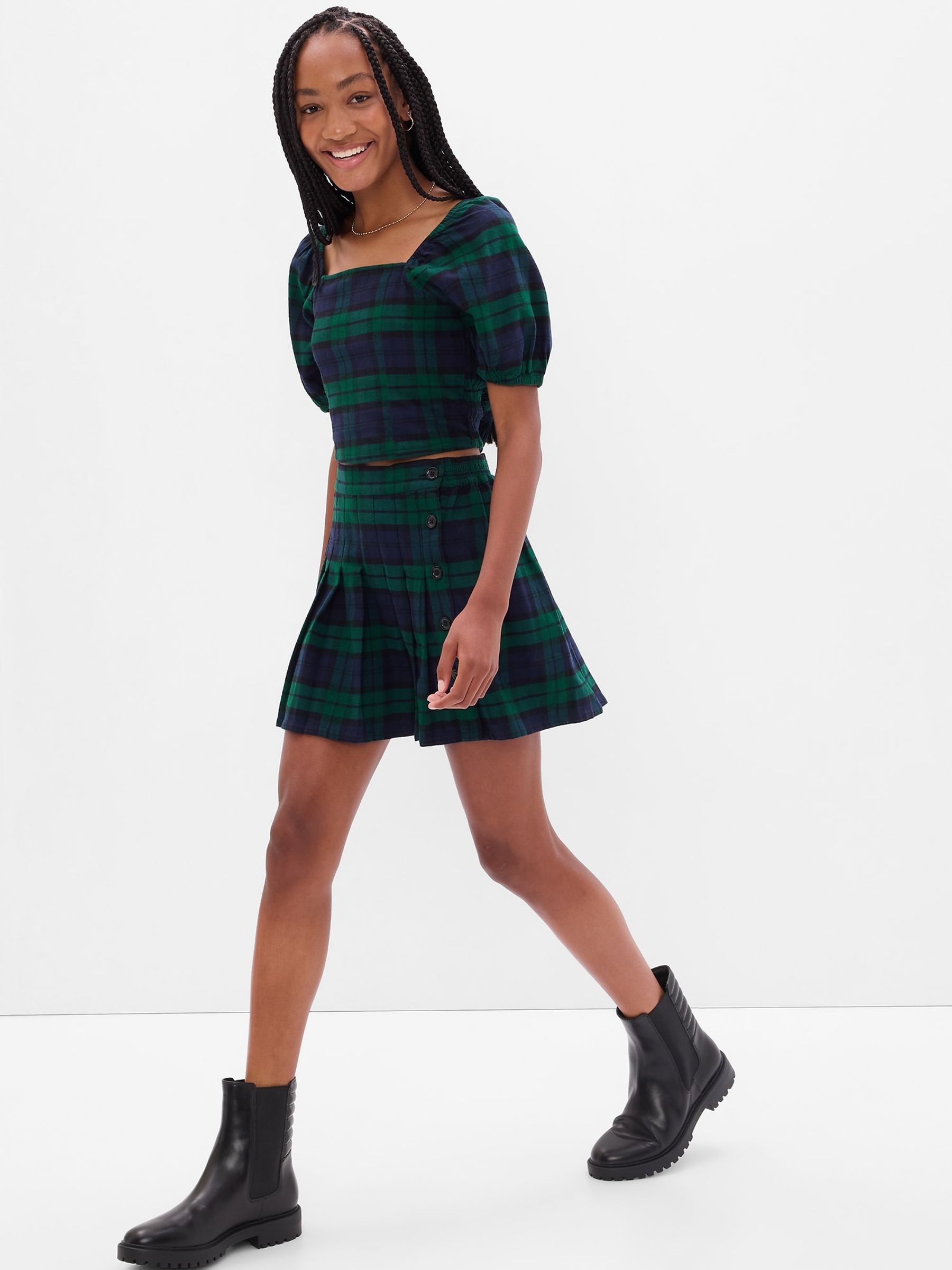 Green Teen Organic Cotton High Rise Pleated Mini Skirt