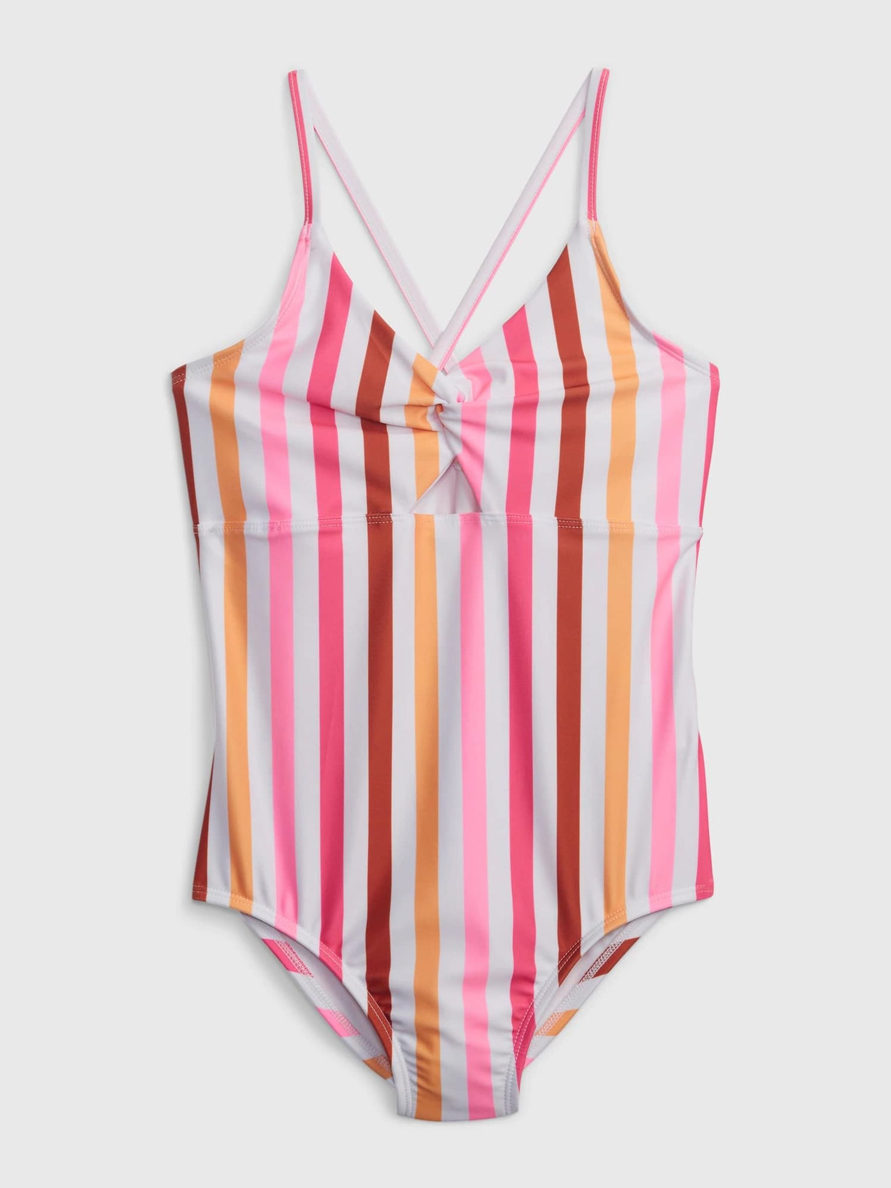 Pink White Orange Stripe Twist Front Swimsuit