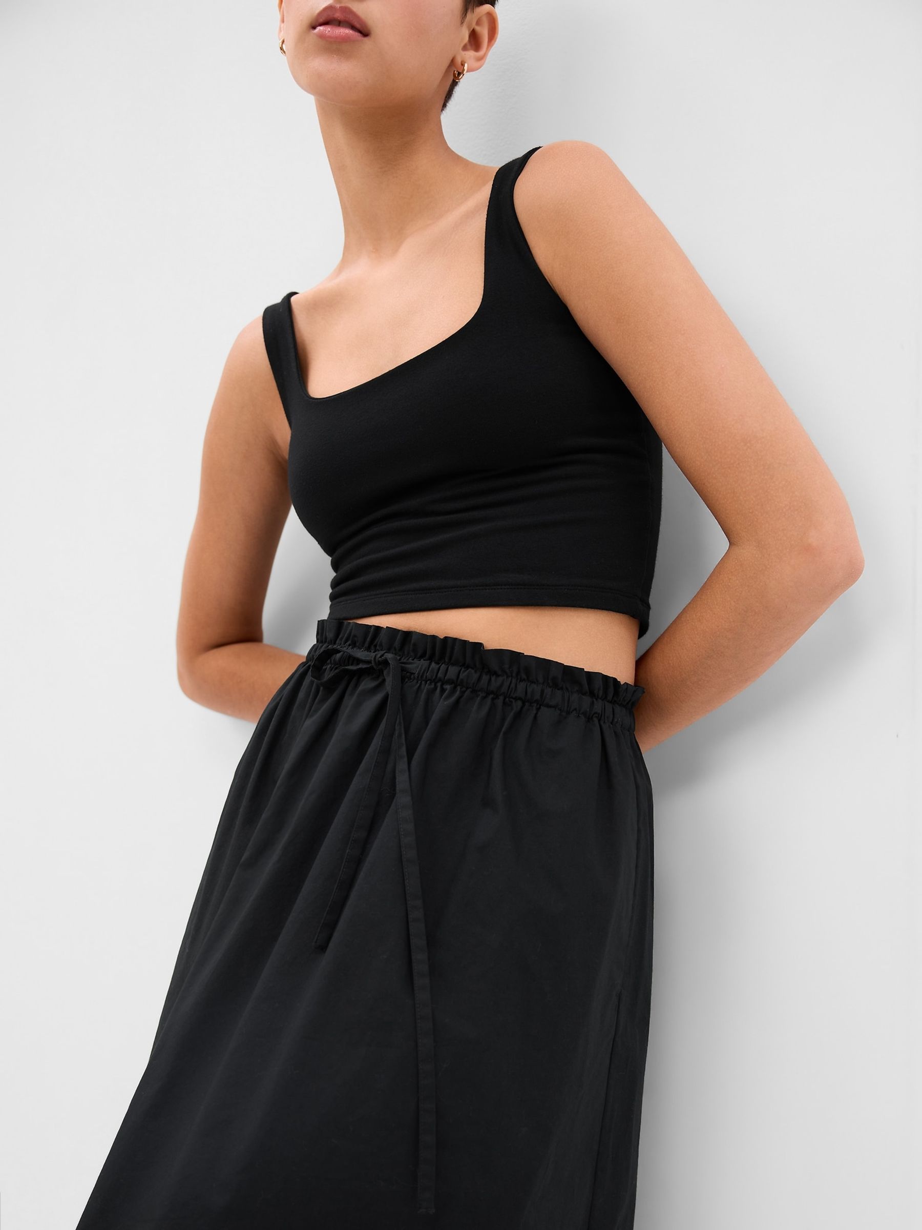 Black Paperbag PullOn Midi Skirt