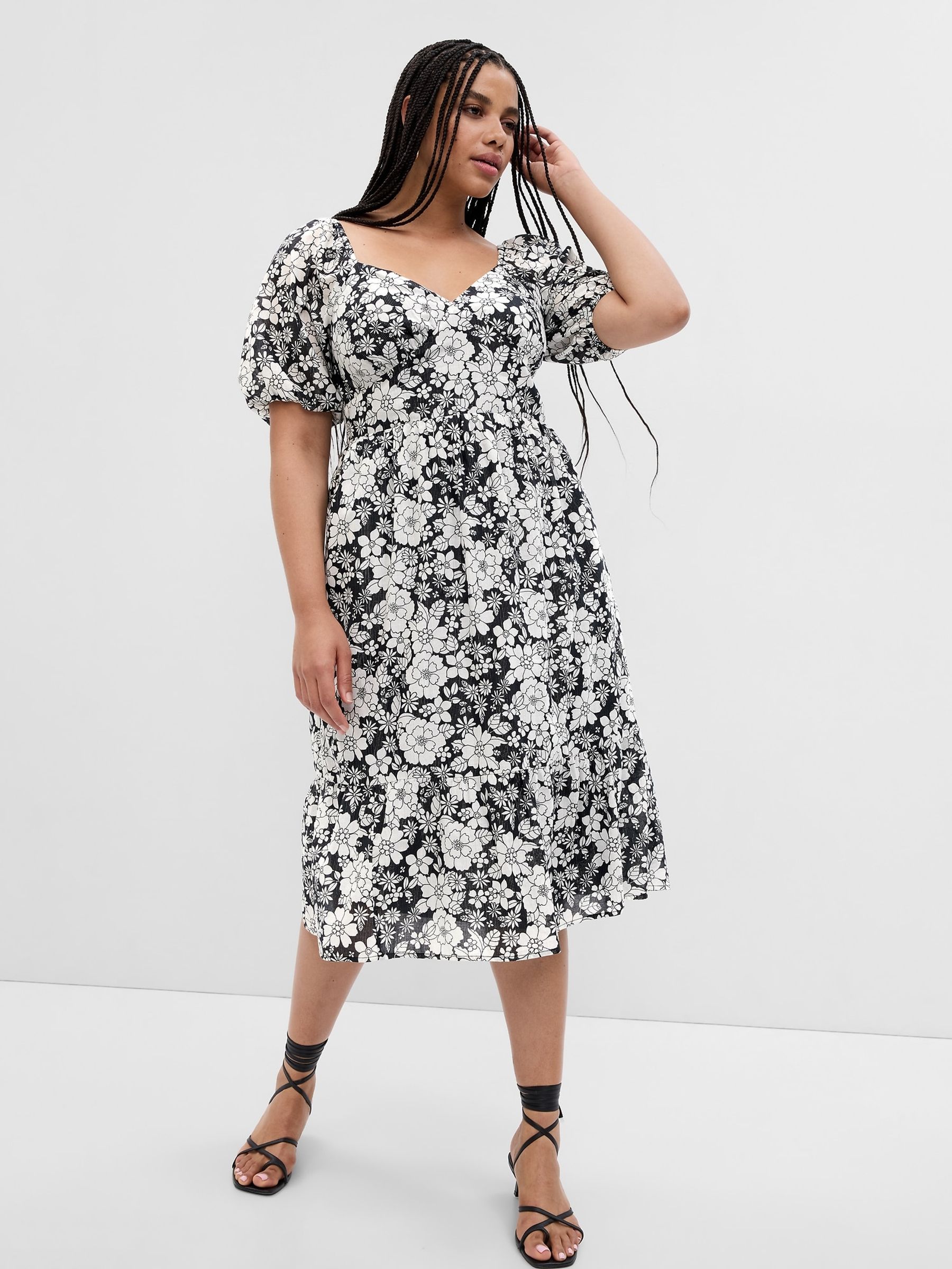 Black White Floral Metallic Puff Short Sleeve Midi Dress