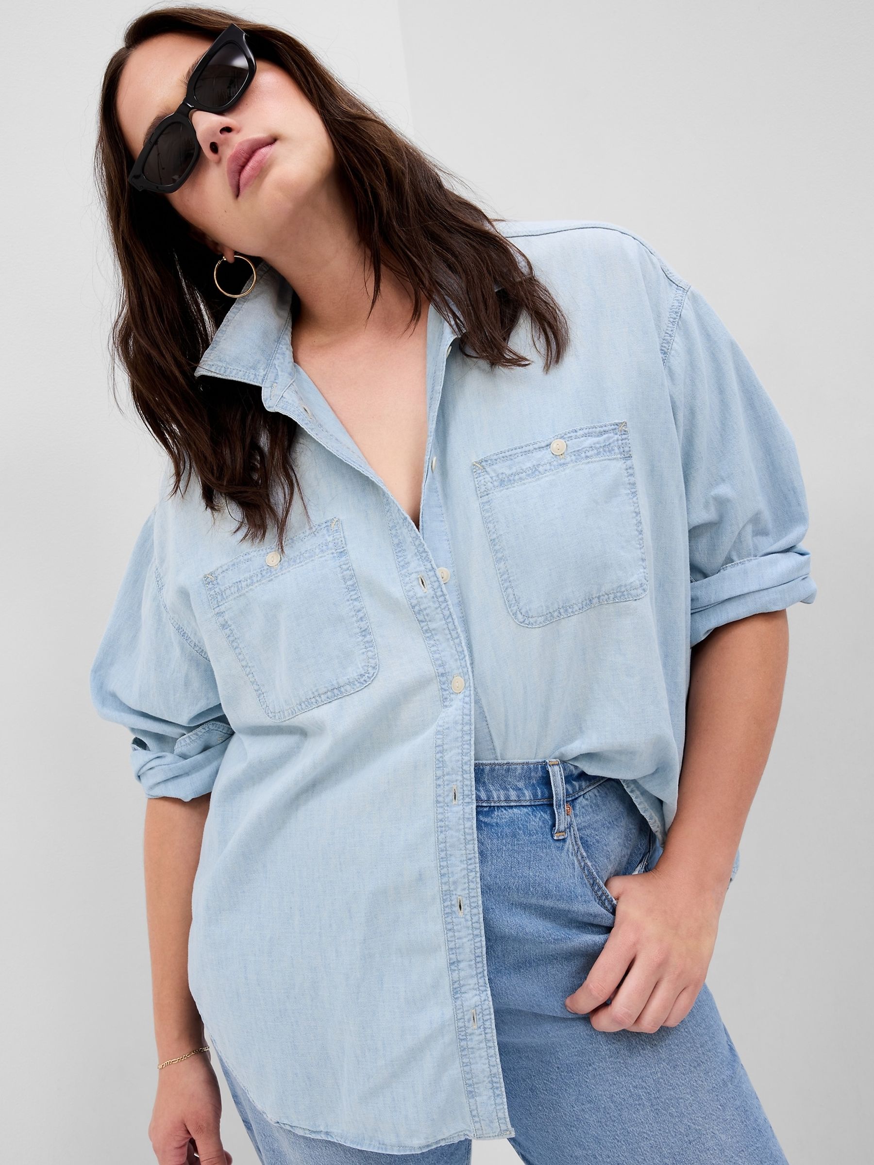 Buy Blue Chambray Denim Oversized Shirt from the Gap online shop