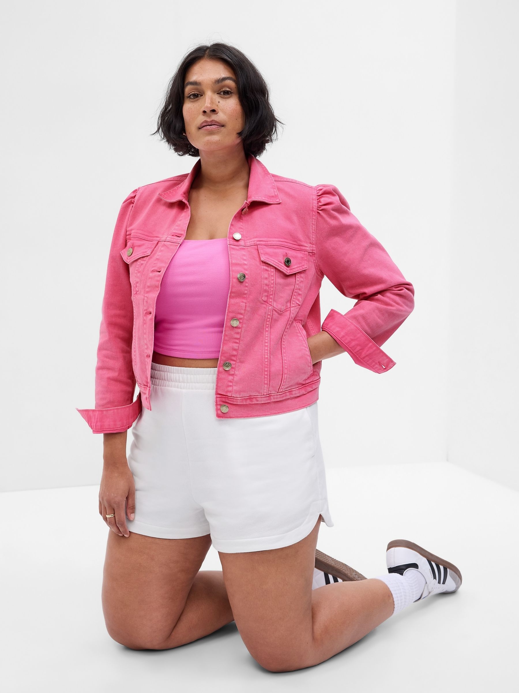 Pink puff sleeve denim jacket new arrivals
