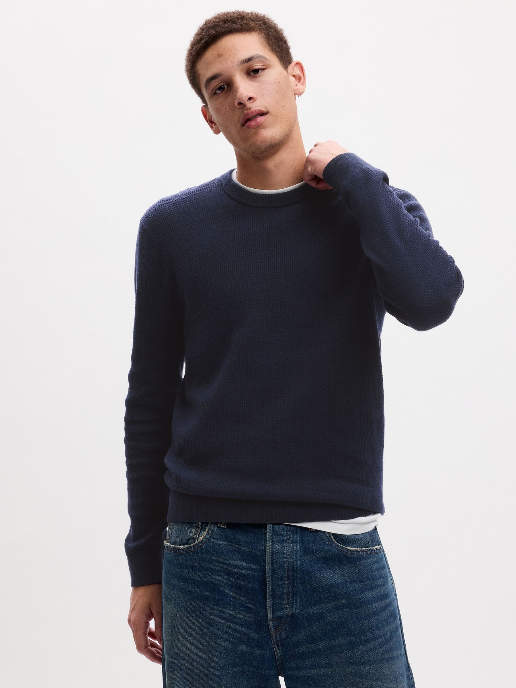 Blue Textured Crew Neck Long Sleeve Jumper