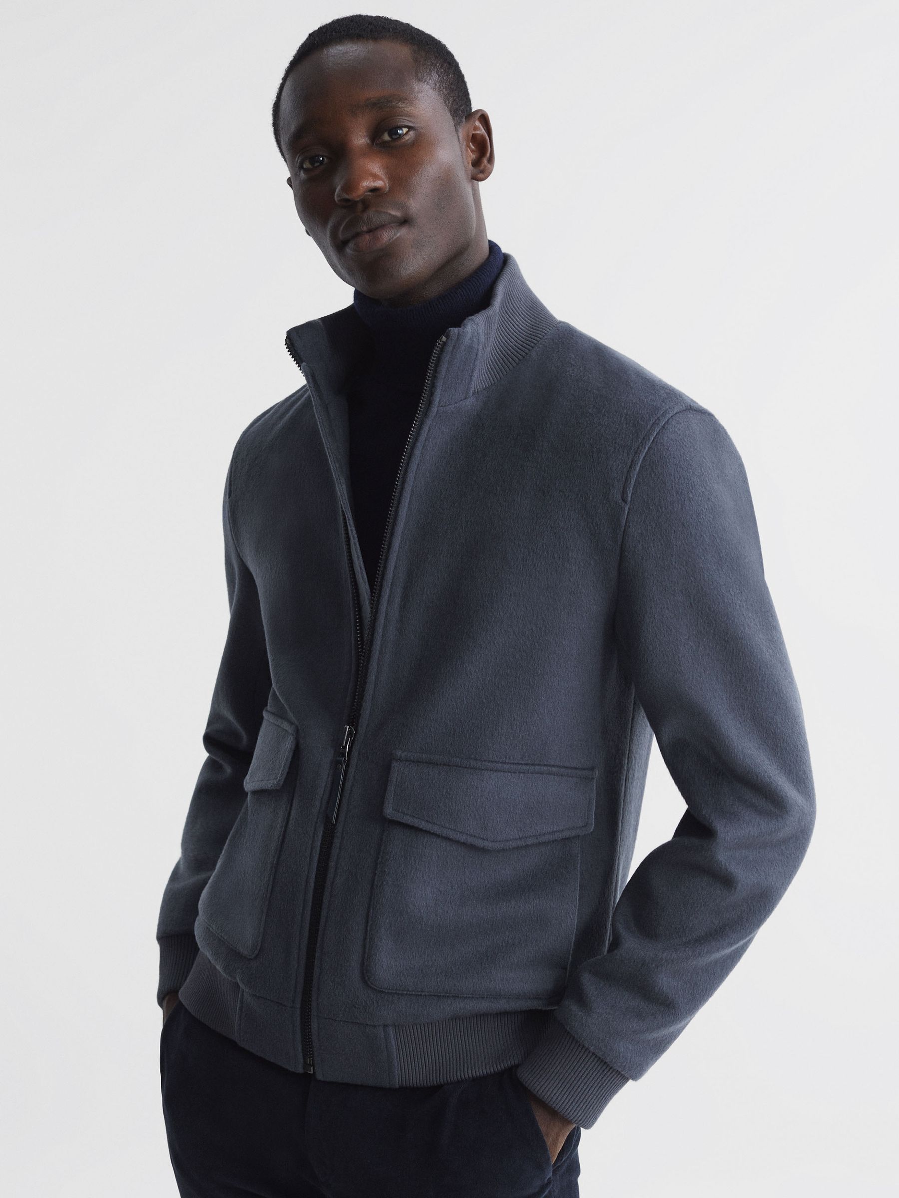 Wool Blend Zip Through Jacket in Airforce Blue