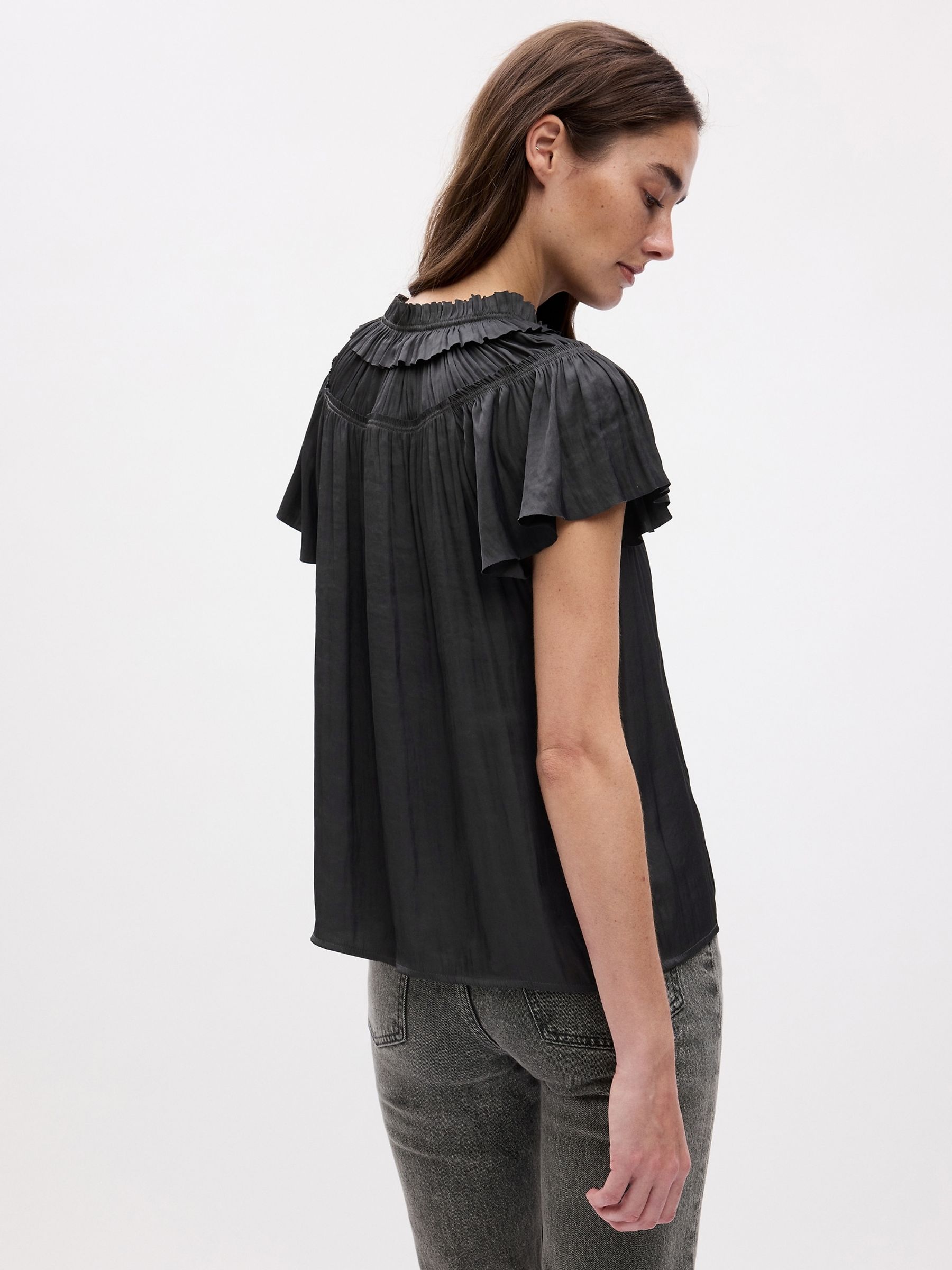 Grey Ruffle Neck Short Sleeve Blouse