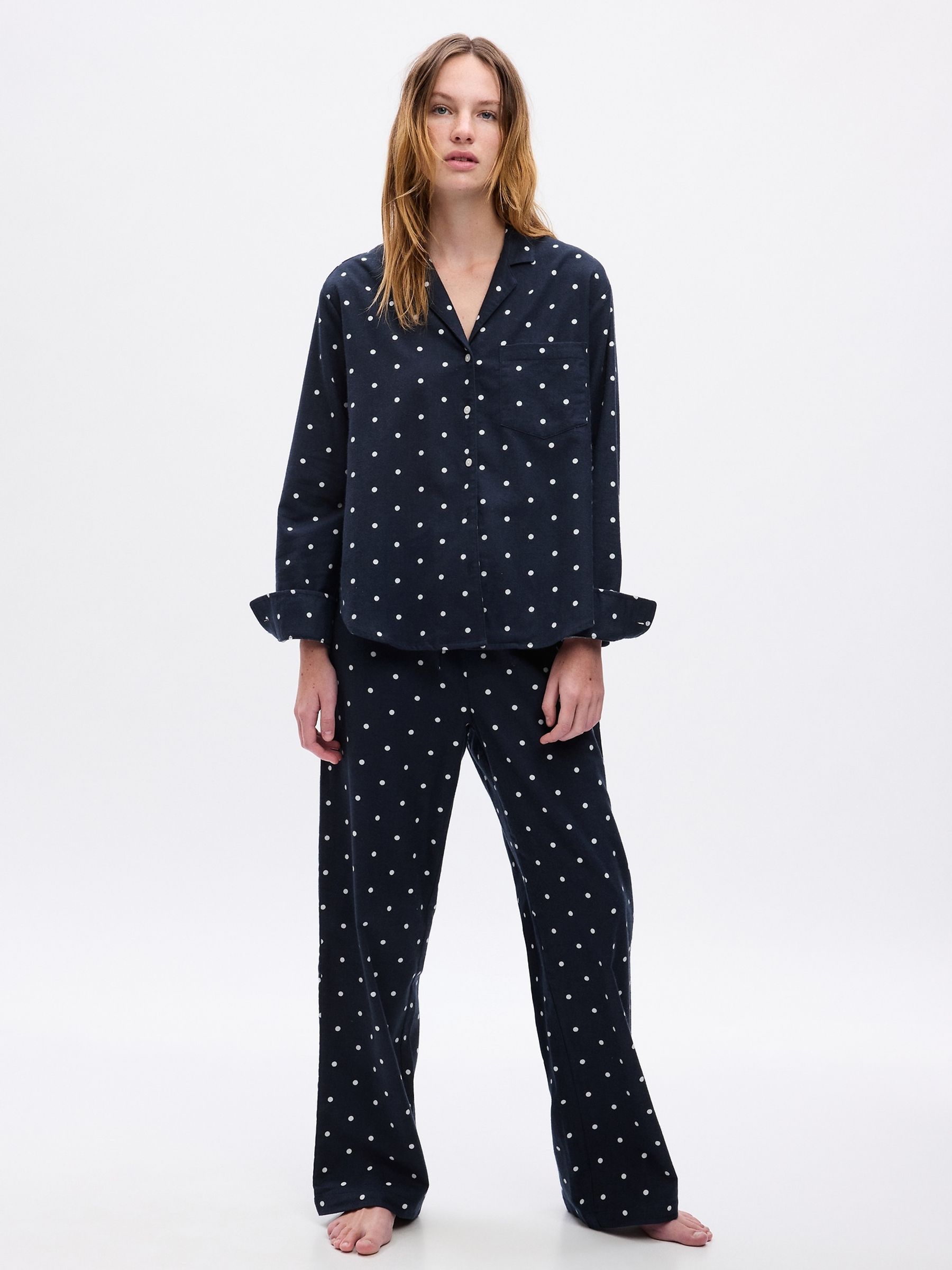 Navy Dot Cotton Print Flannel Pyjama Set