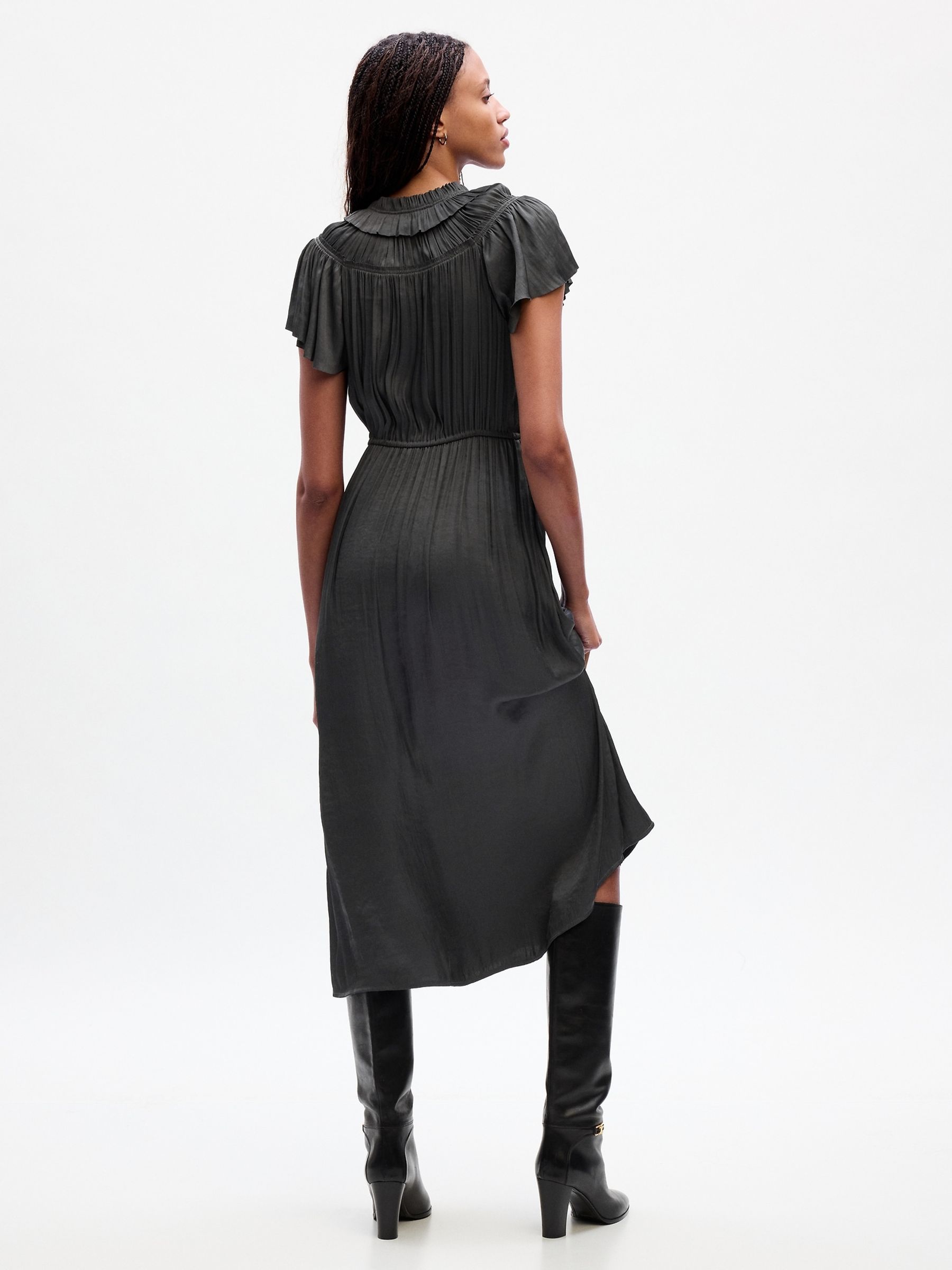 Charcoal Grey Ruffle Neck Short Sleeve Midi Dress