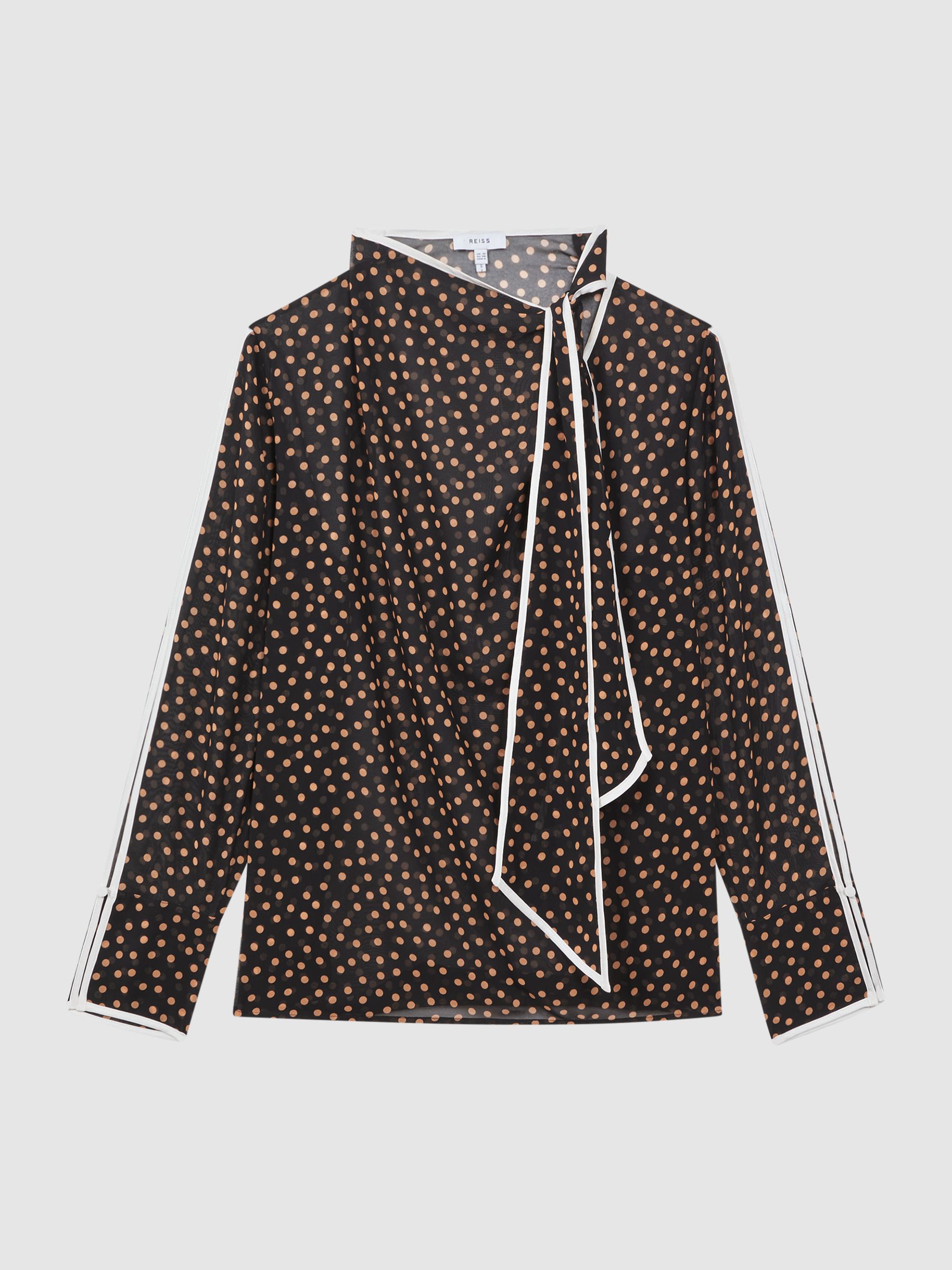 Reiss Polka Dot Tie Neck Blouse in Black Rust REISS