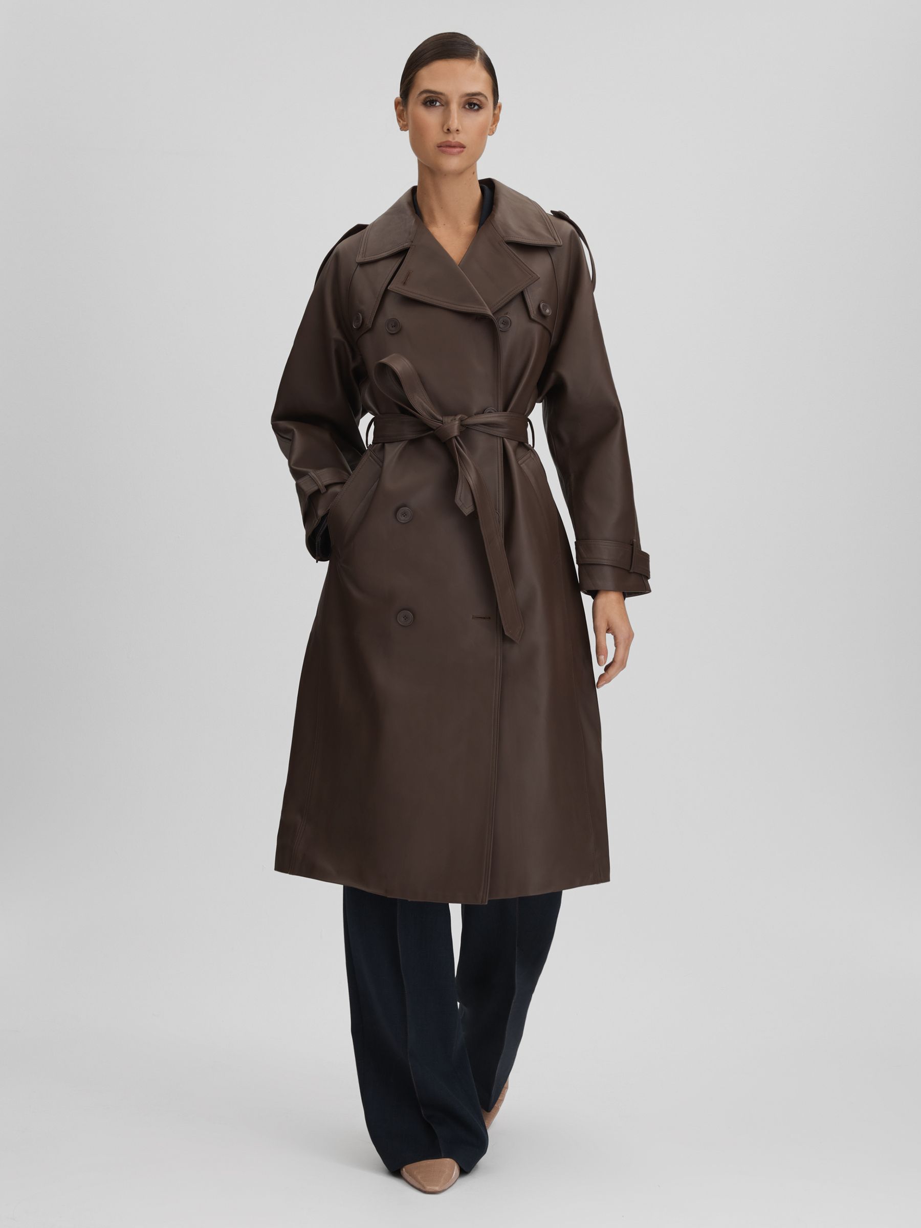 Reiss Meotine Leather Mid Length Trenchcoat in Dark Brown REISS
