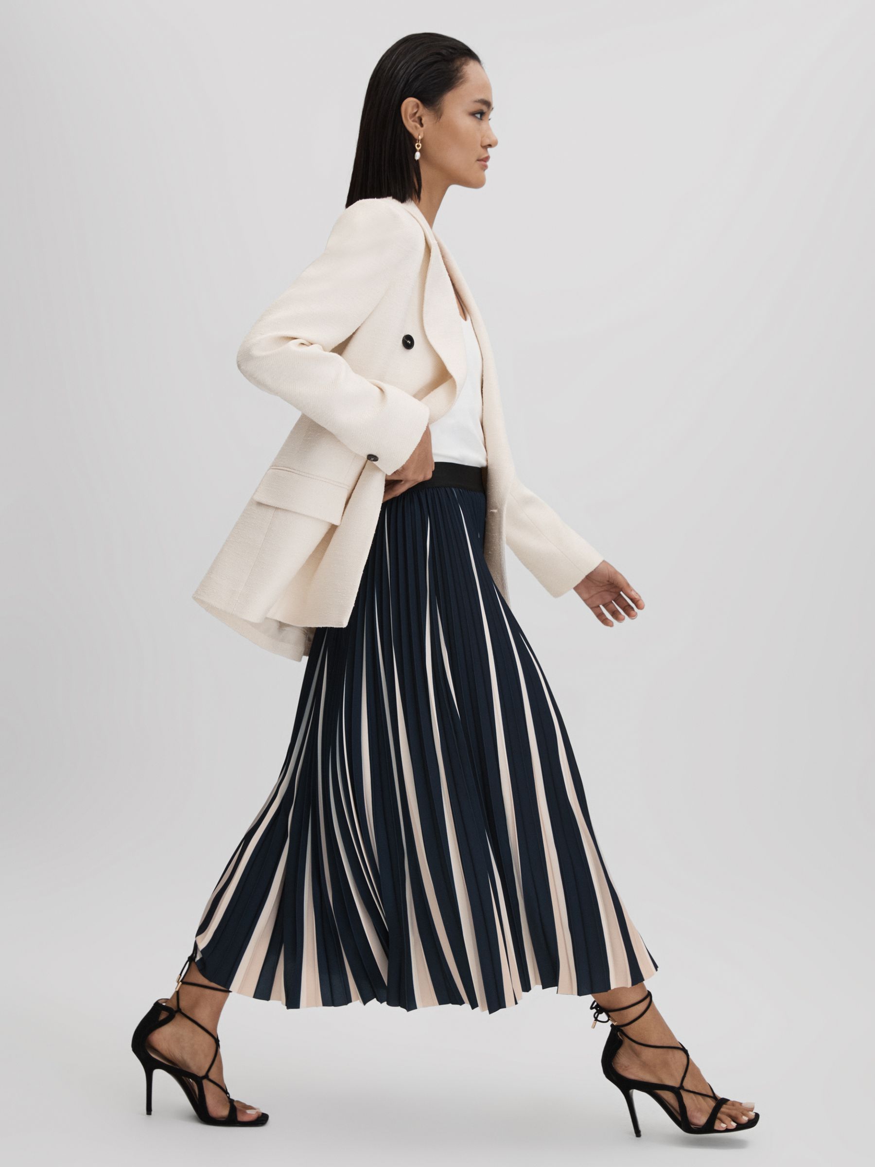 Reiss Pleated Striped Midi Skirt in Navy Cream REISS