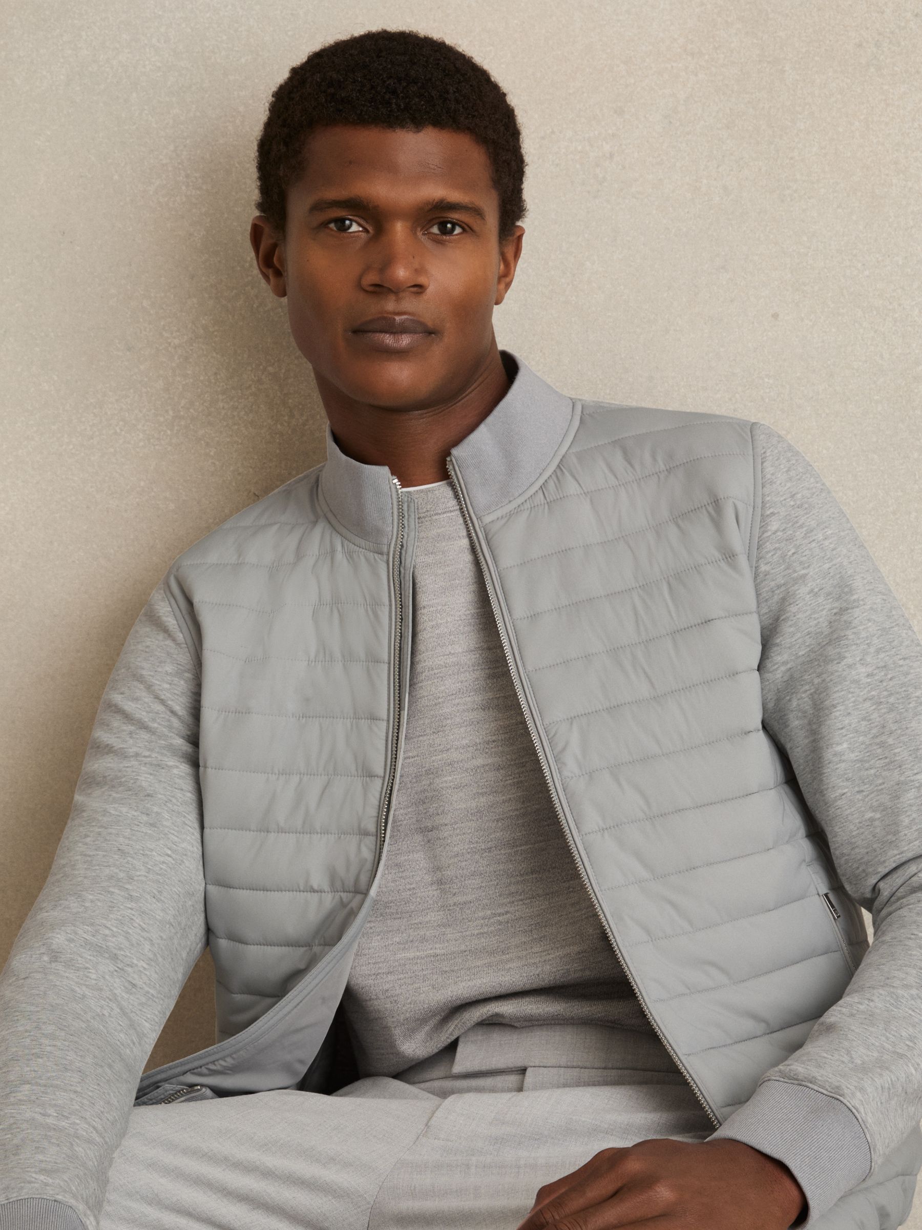 Reiss Hybrid Quilt and Knit Zip Through Jacket in Soft Grey Melange REISS