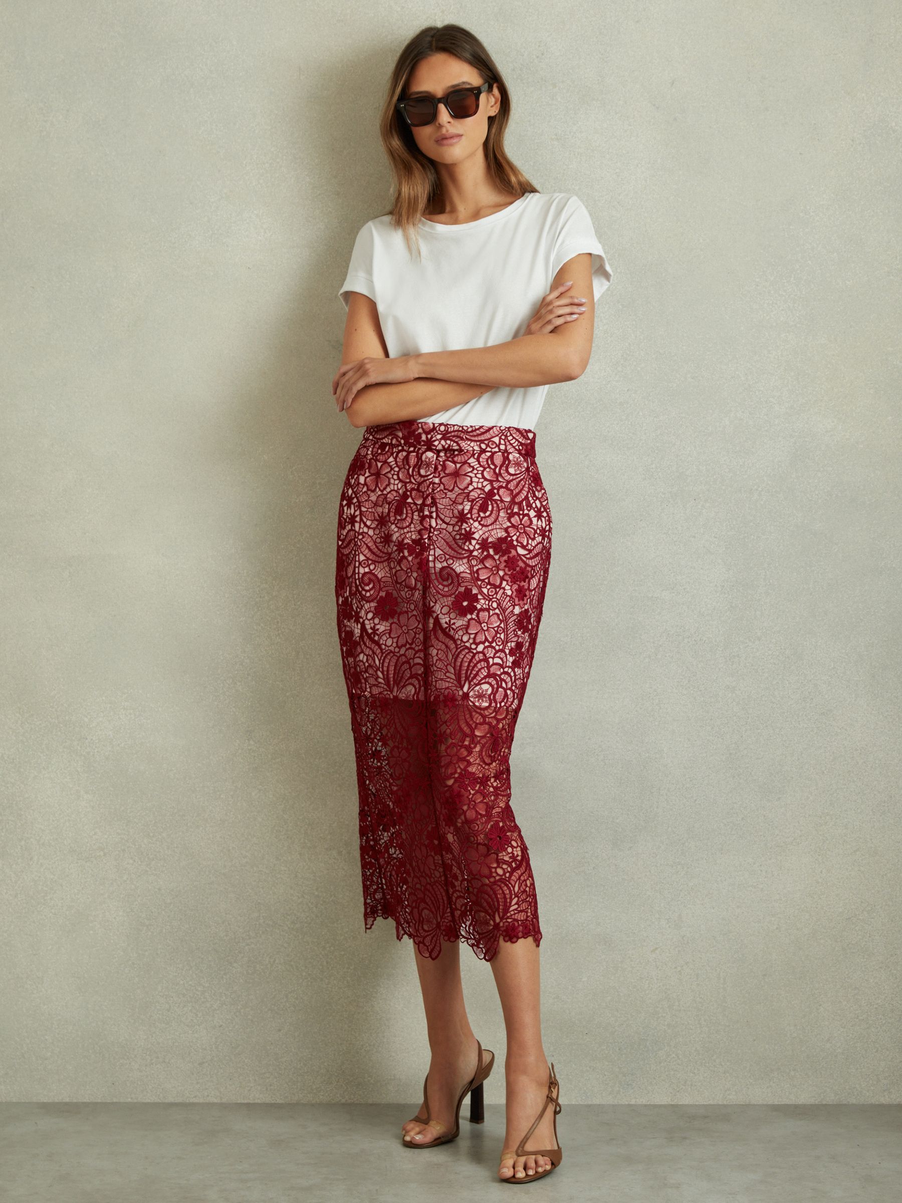 Reiss Sheer Lace Midi Pencil Skirt in Burgundy REISS